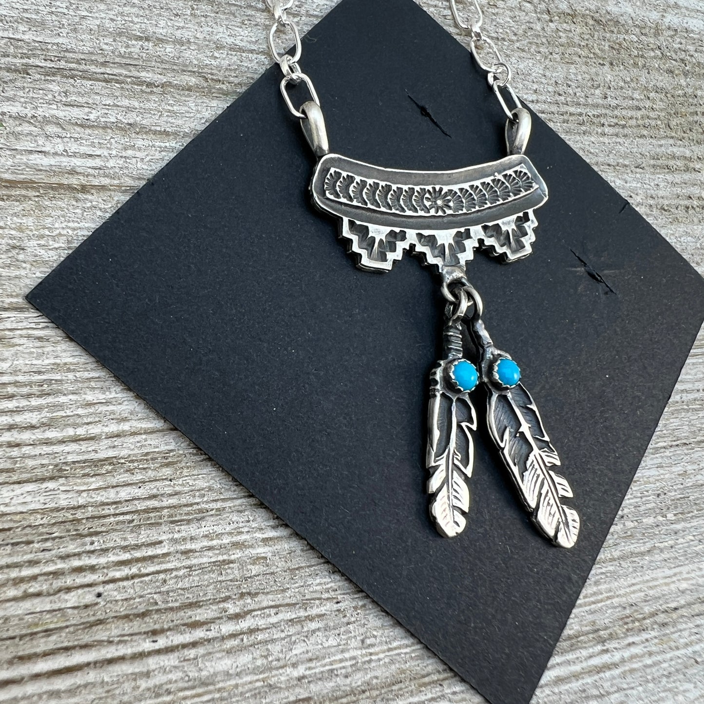 18" Feather necklace Turquoise, sterling silver, Annie Spencer