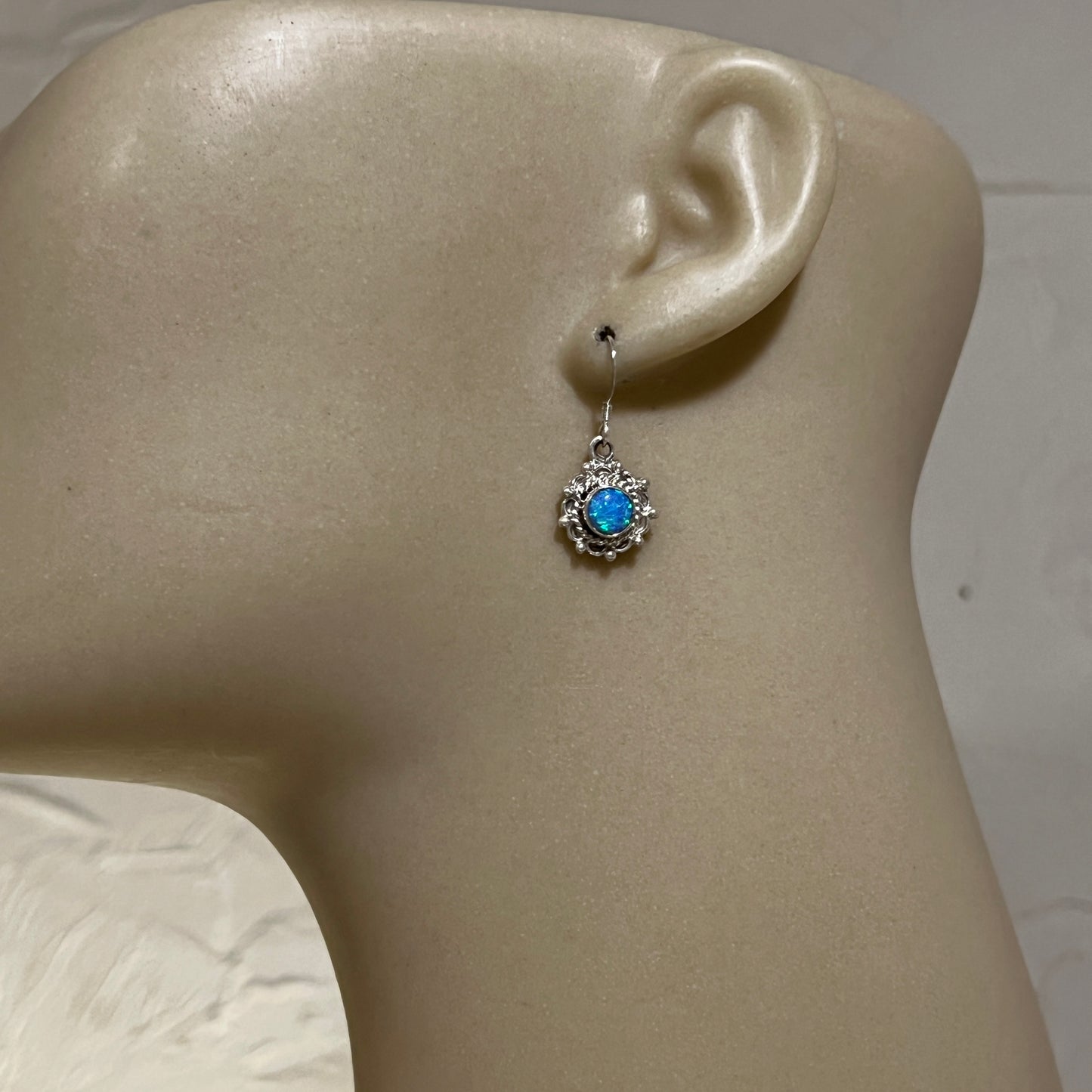 Dainty blue Opal Dangle earrings, small handmade Sterling Silver