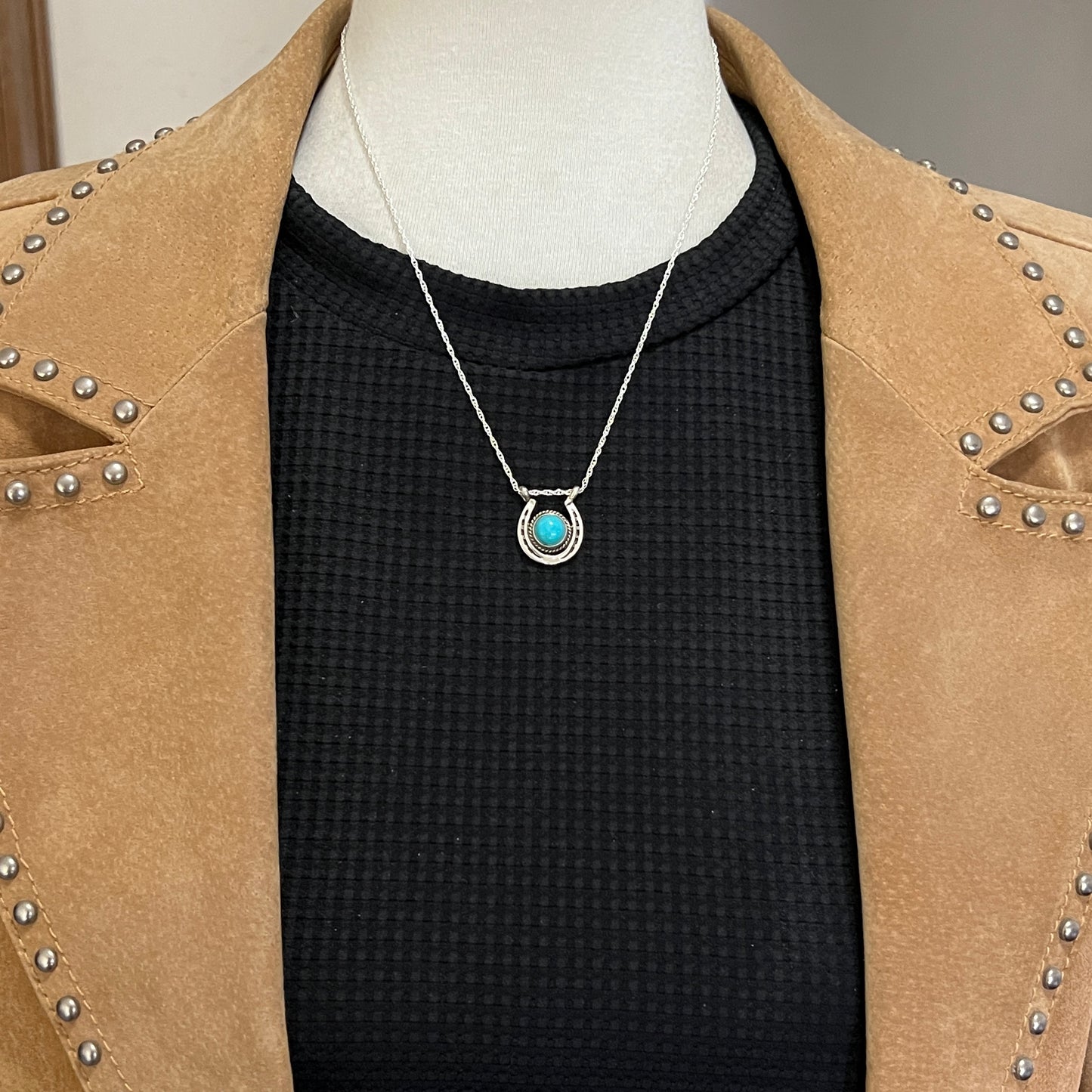 18" Sterling Silver Turquoise Horseshoe Necklace Cowgirl Rodeo Jewelry Annette Chiquito