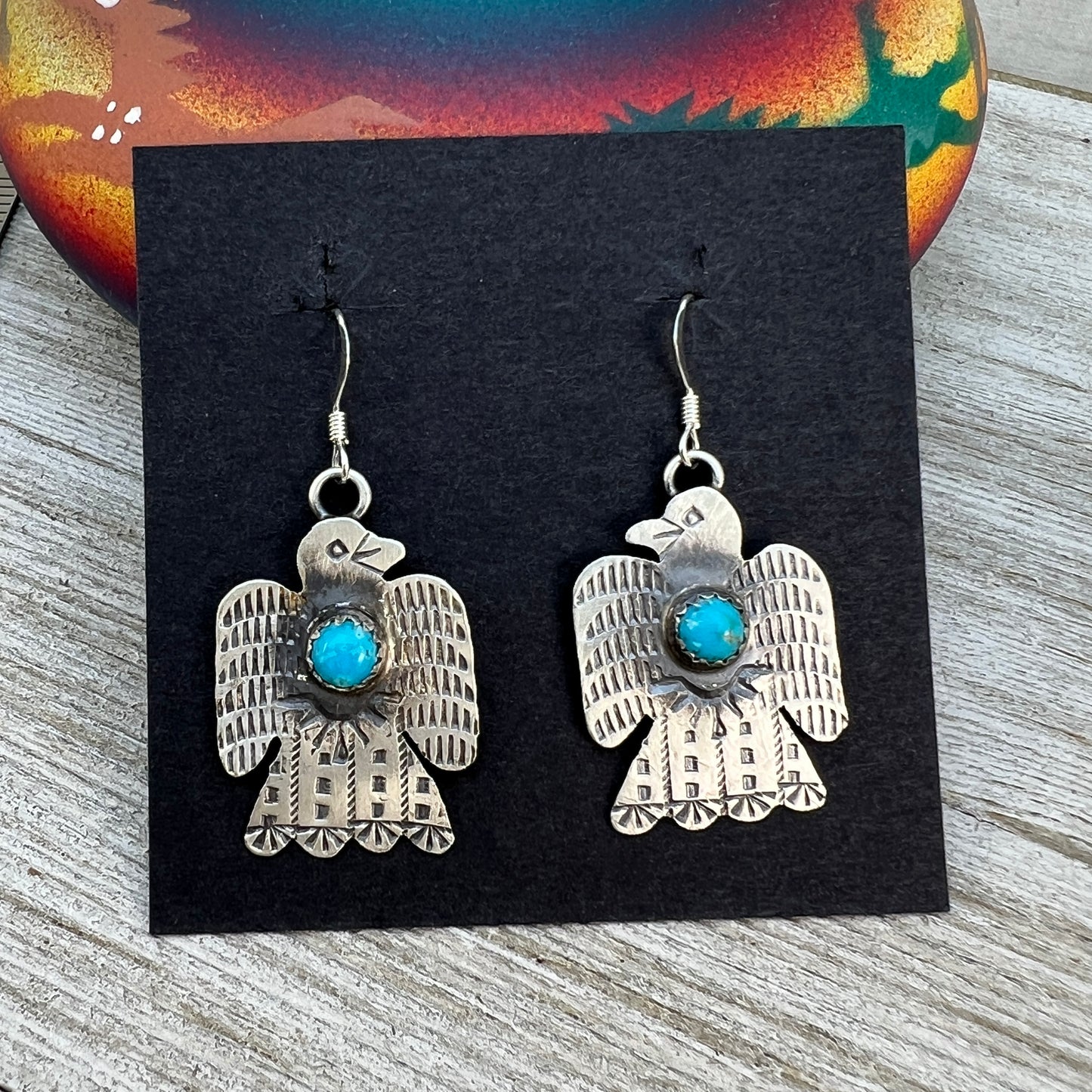 Lightweight rustic Thunderbird dangle earrings turquoise sterling silver Gabrielle Yazzie 4