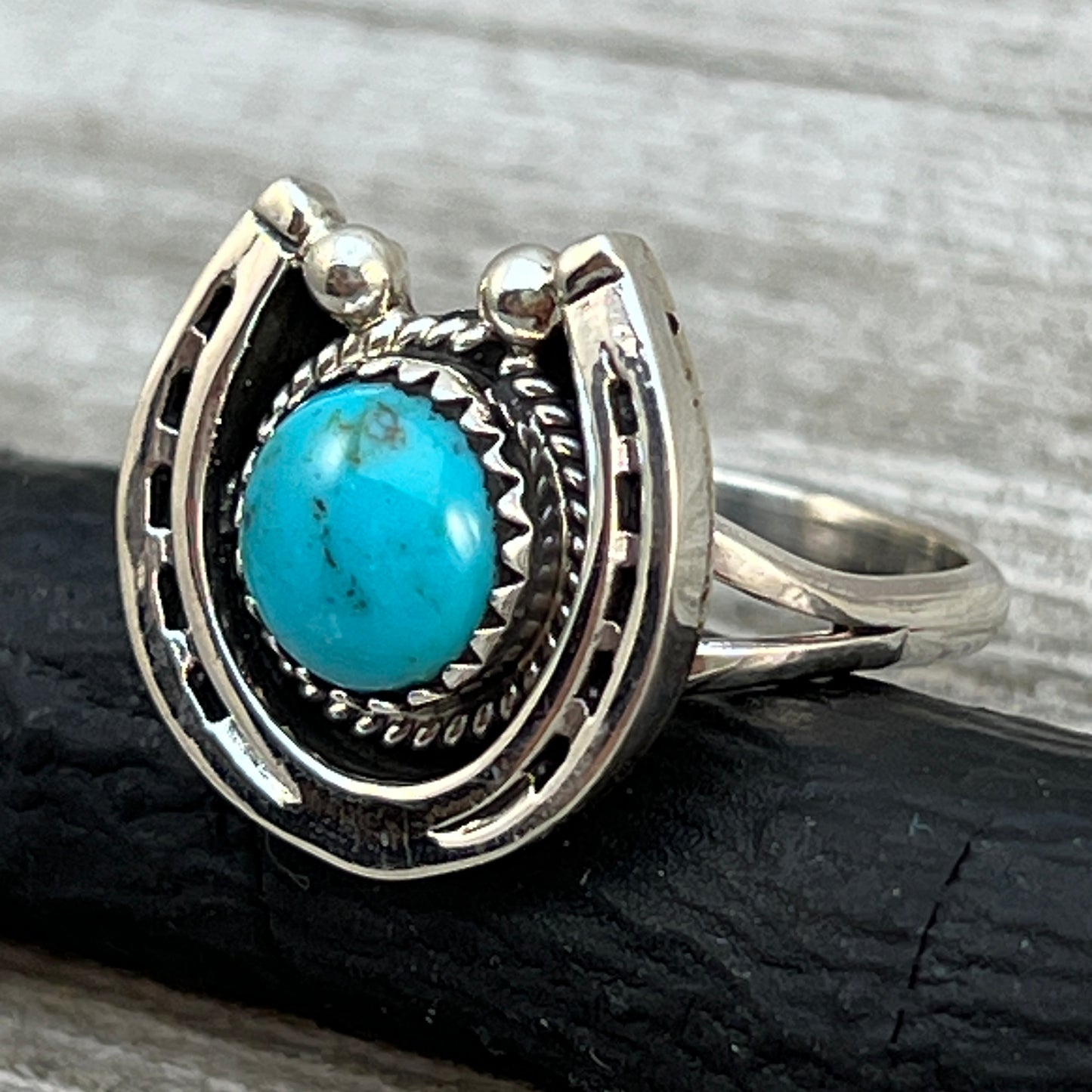 Size 8 Campitos Turquoise sterling silver horseshoe ring western equestrian jewelry Rodeo