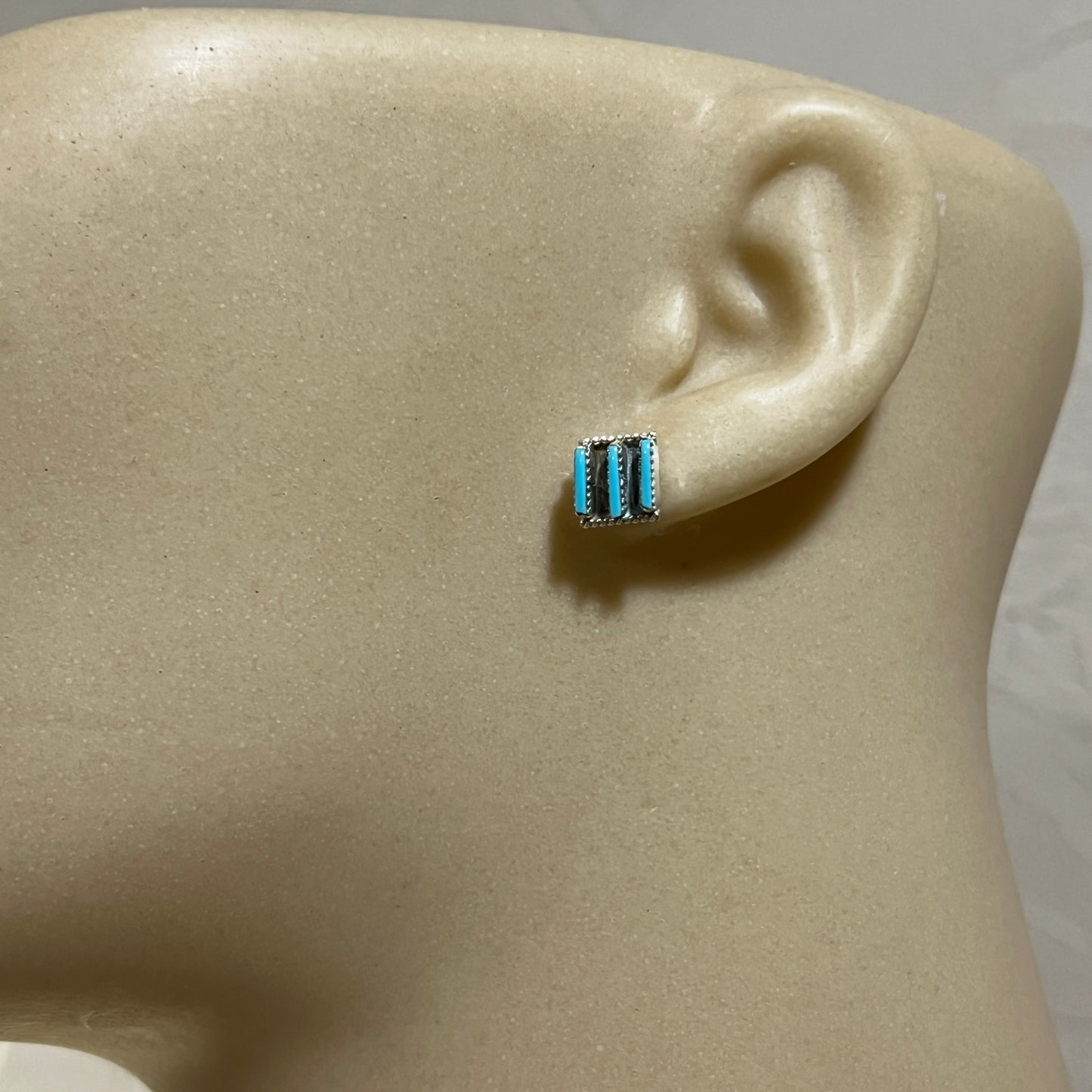 Zuni Needlepoint turquoise simple small square stud earrings sterling silver Ashley Laate
