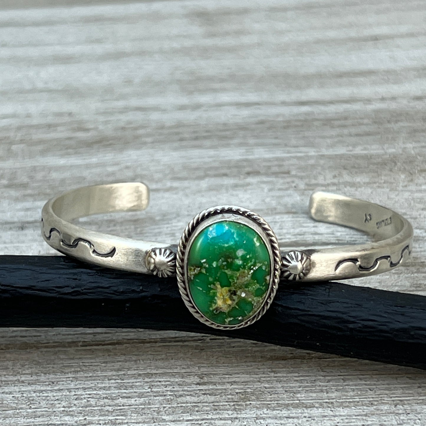 6.75 Green Sonoran Gold turquoise Cuff Bracelet, Sterling Silver Navajo Samuel Yellowhair