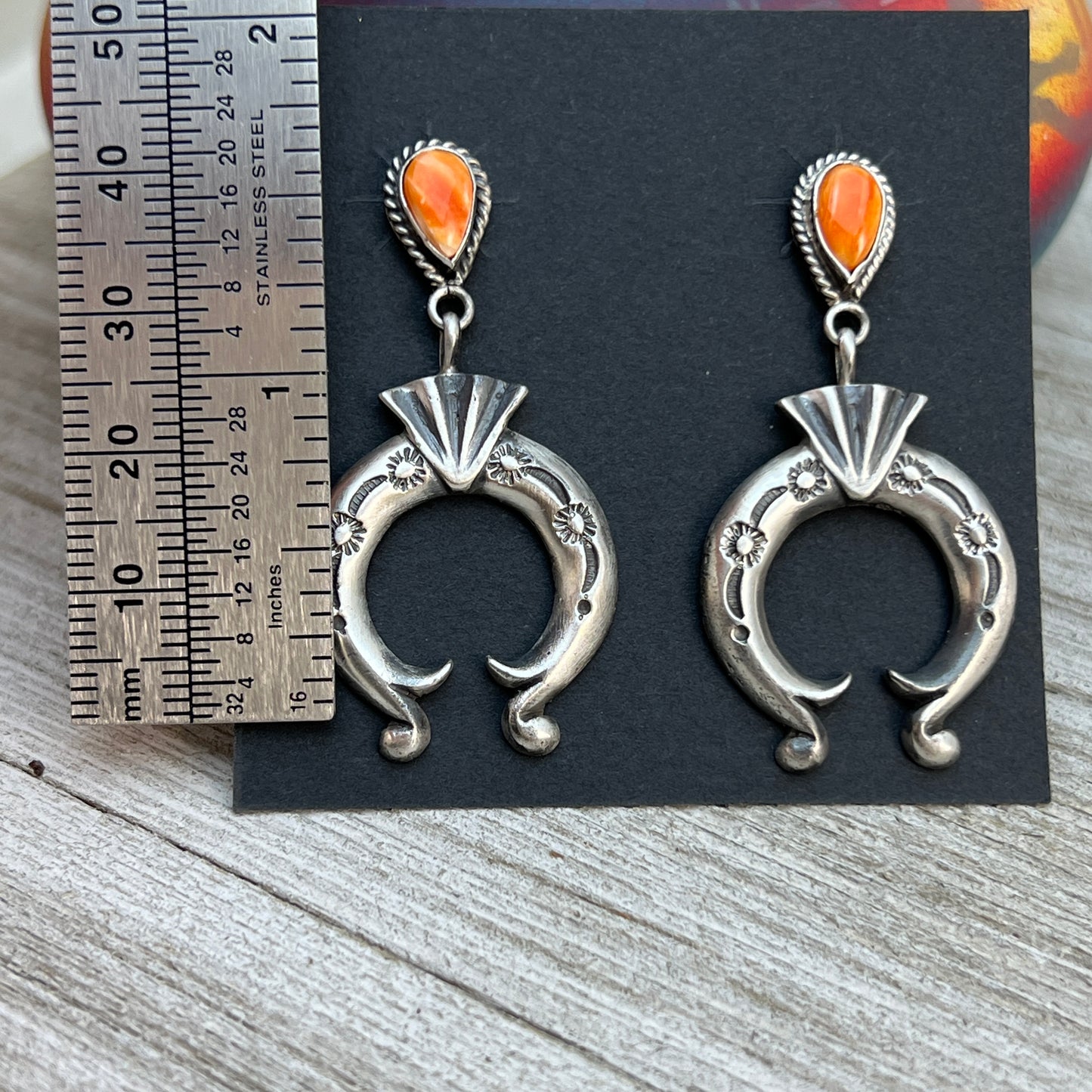 Orange Spiny Oyster Shell dangle Naja earrings sterling silver Navajo Adrienne Gordon 3