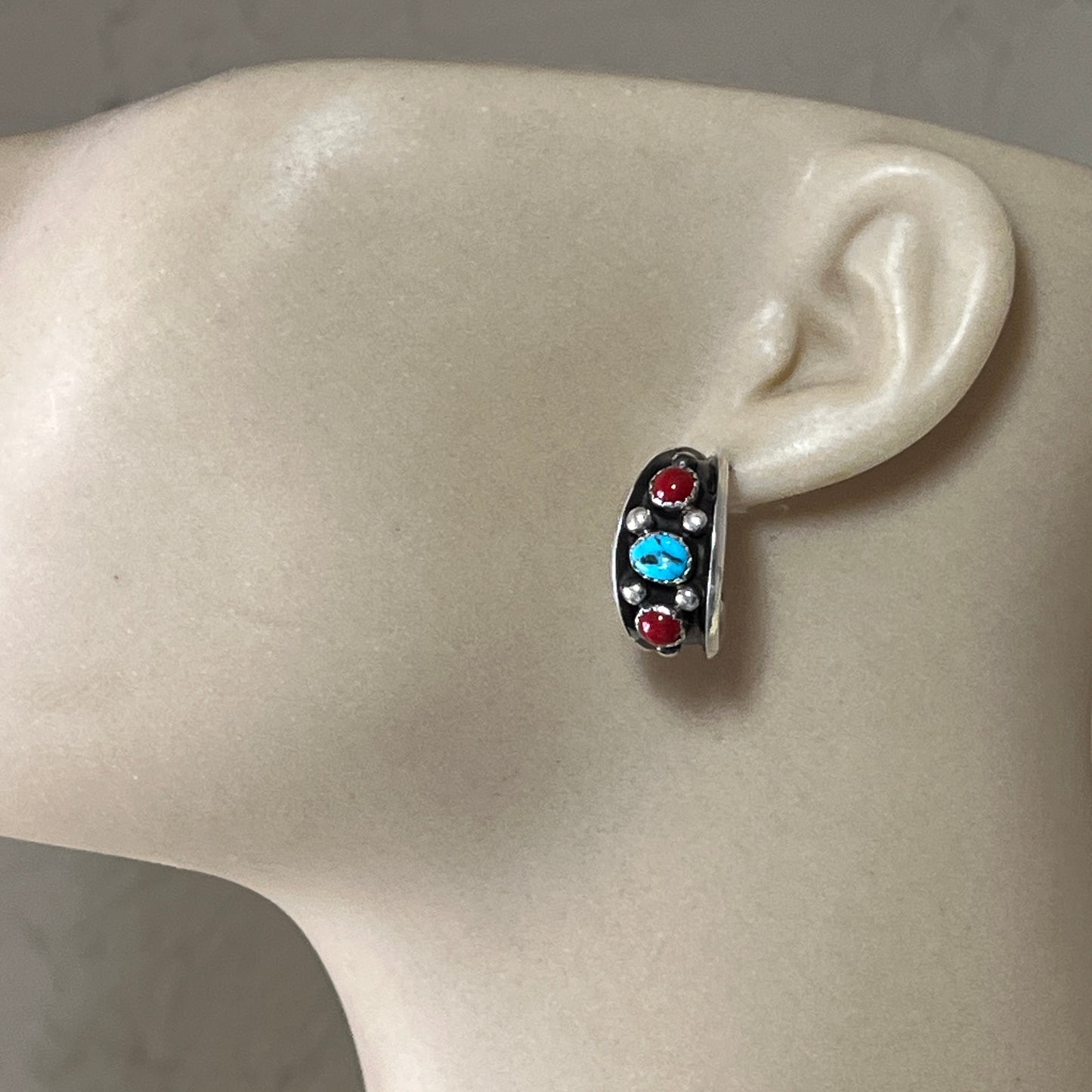 7/8" Turquoise Red Coral Hoop Earrings Navajo handmade by Paul Largo sterling silver 644