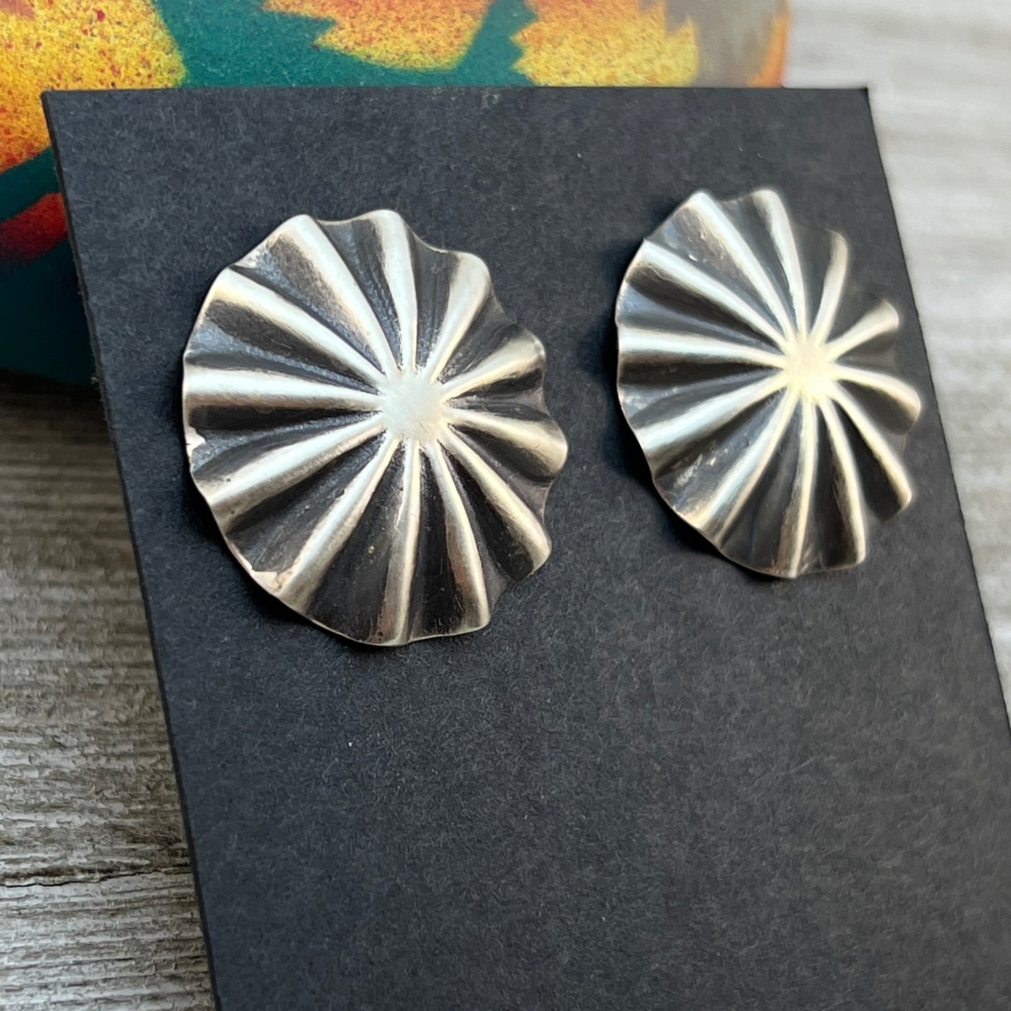 1" lightweight Corrugated hand stamped concho earrings Sterling silver Arlene Soce