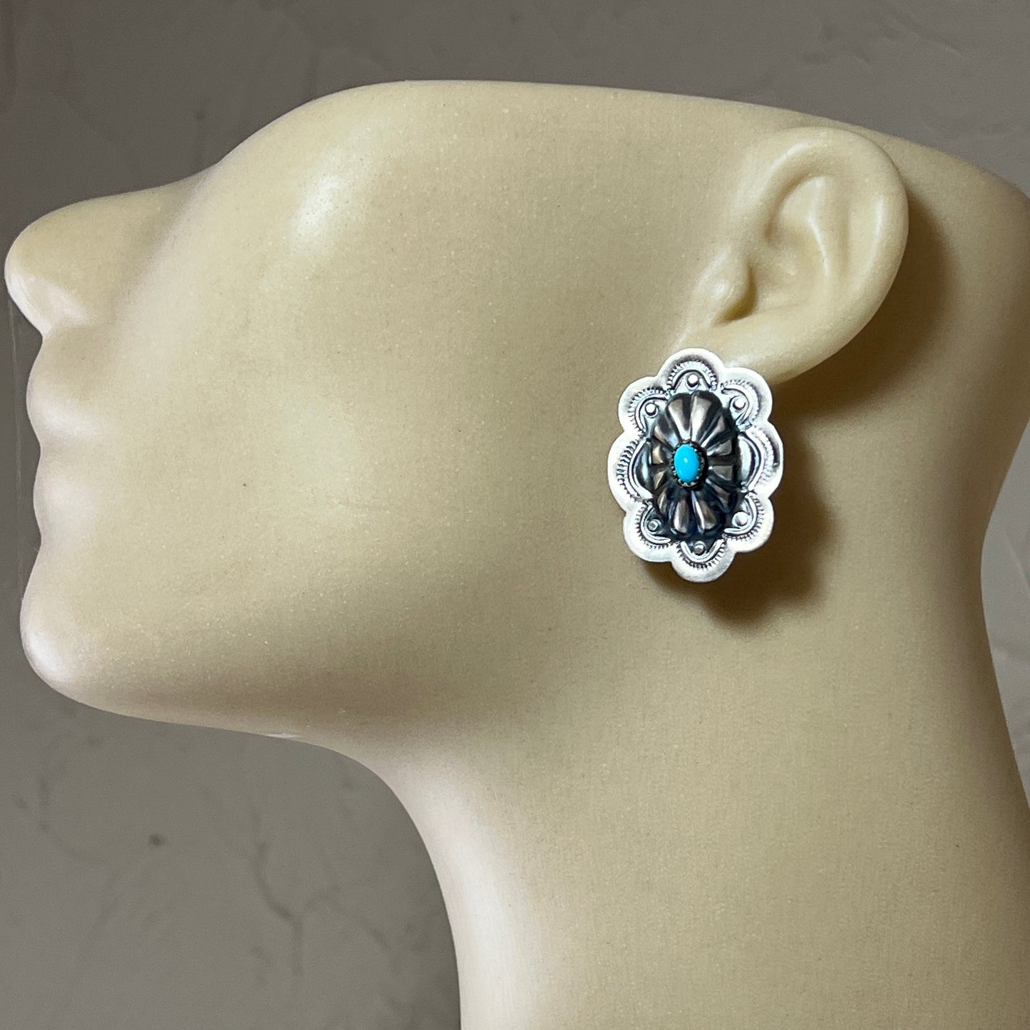 Turquoise stamped concho earrings sterling silver Lavina Benally Navajo 712