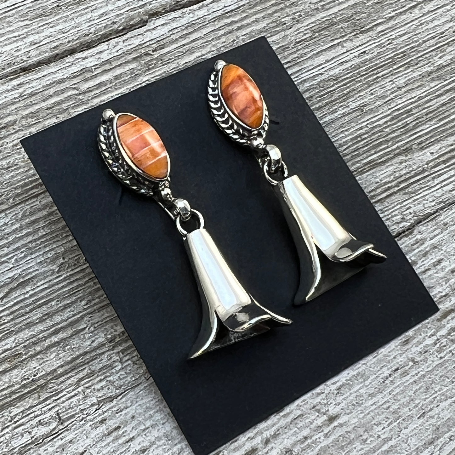 Orange Spiny Squash Blossom dangle earrings sterling silver turquoise Sheena Jack 410