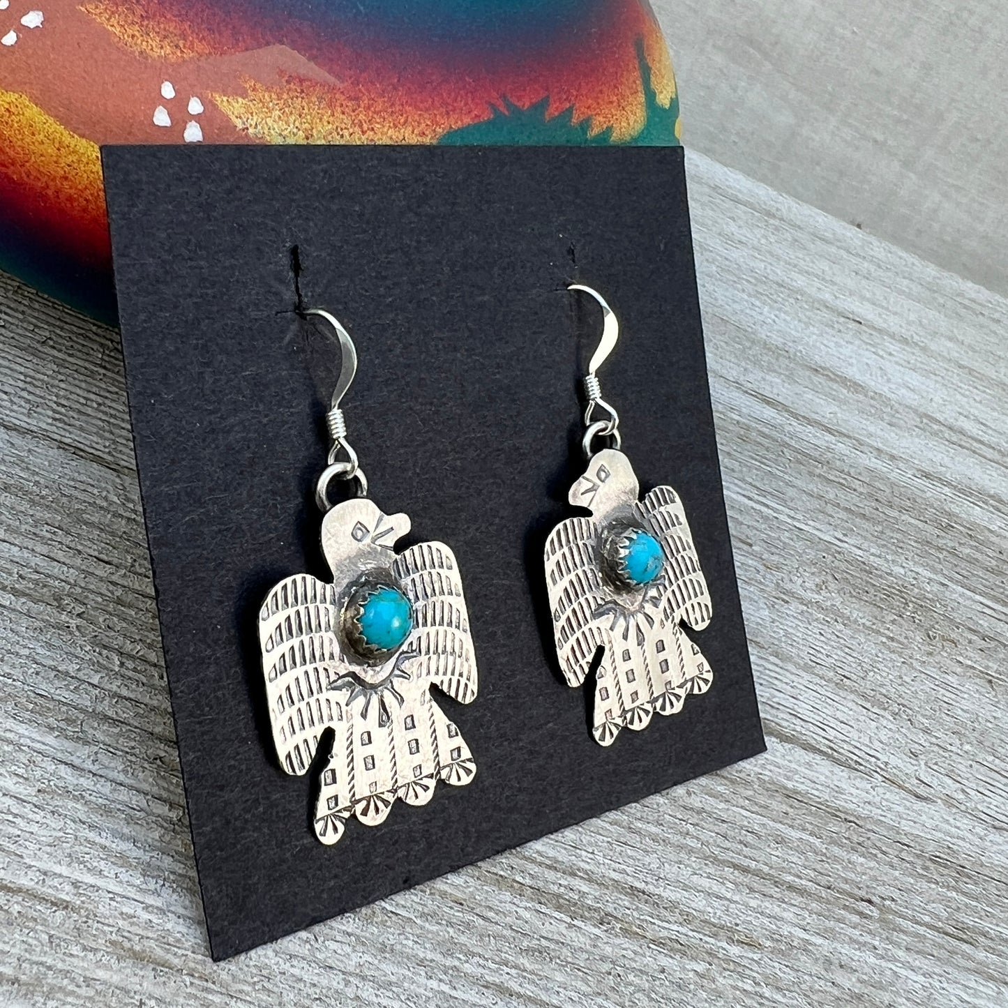 Lightweight rustic Thunderbird dangle earrings turquoise sterling silver Gabrielle Yazzie 8