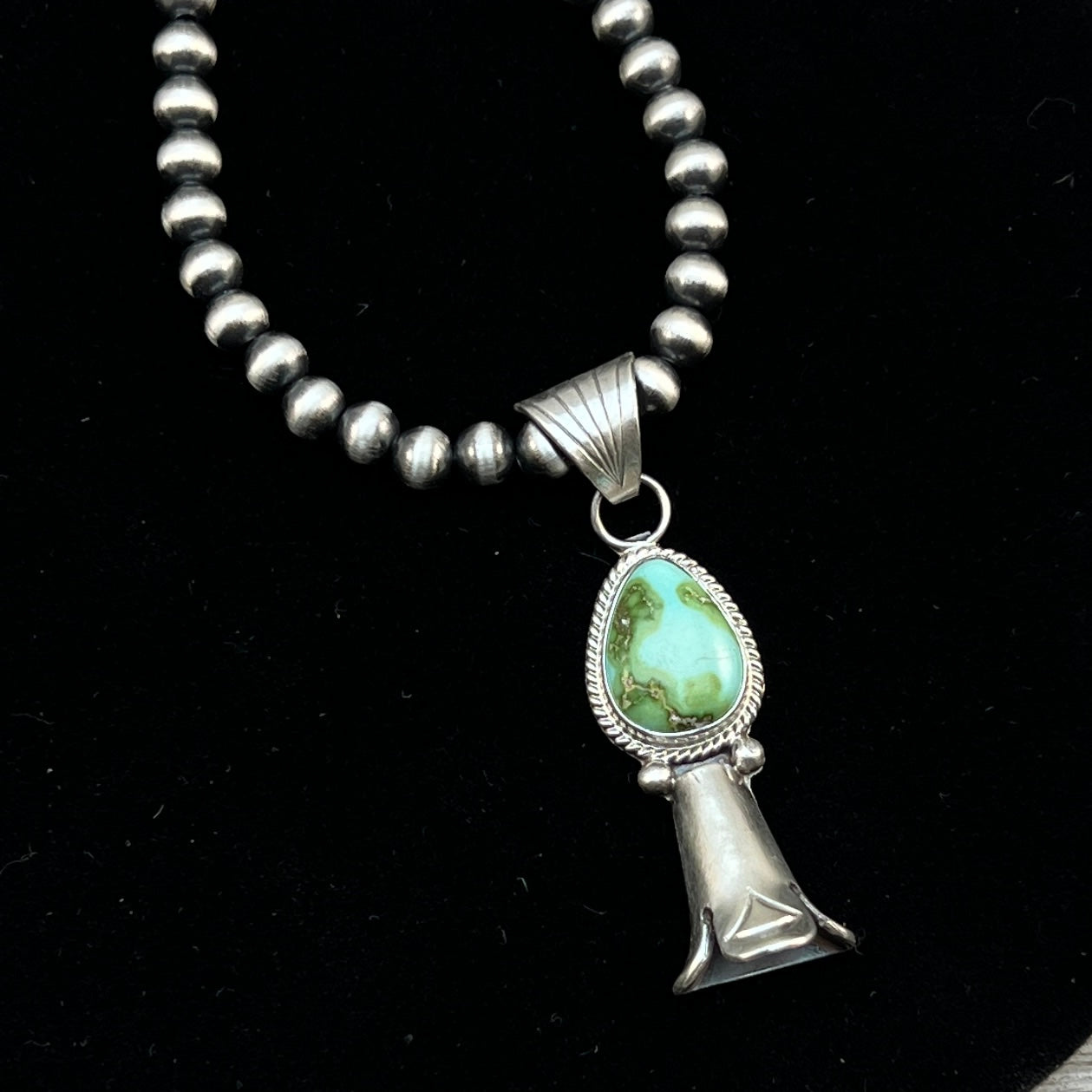 16" sterling silver Sonoran Gold Turquoise squash blossom necklace 5mm beads