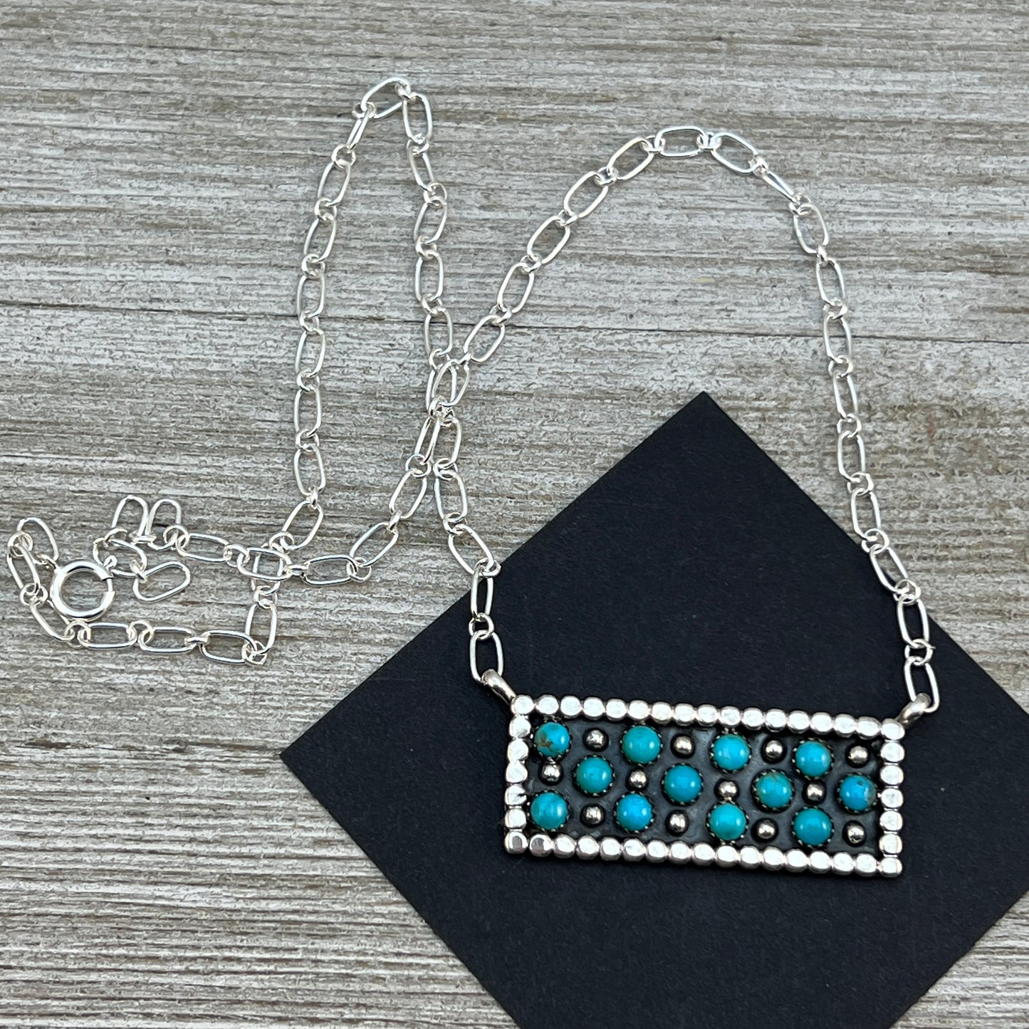 18" Zuni Snake Eye Dot Turquoise Sterling silver handmade Bar Necklace Kenny Lonjose 3