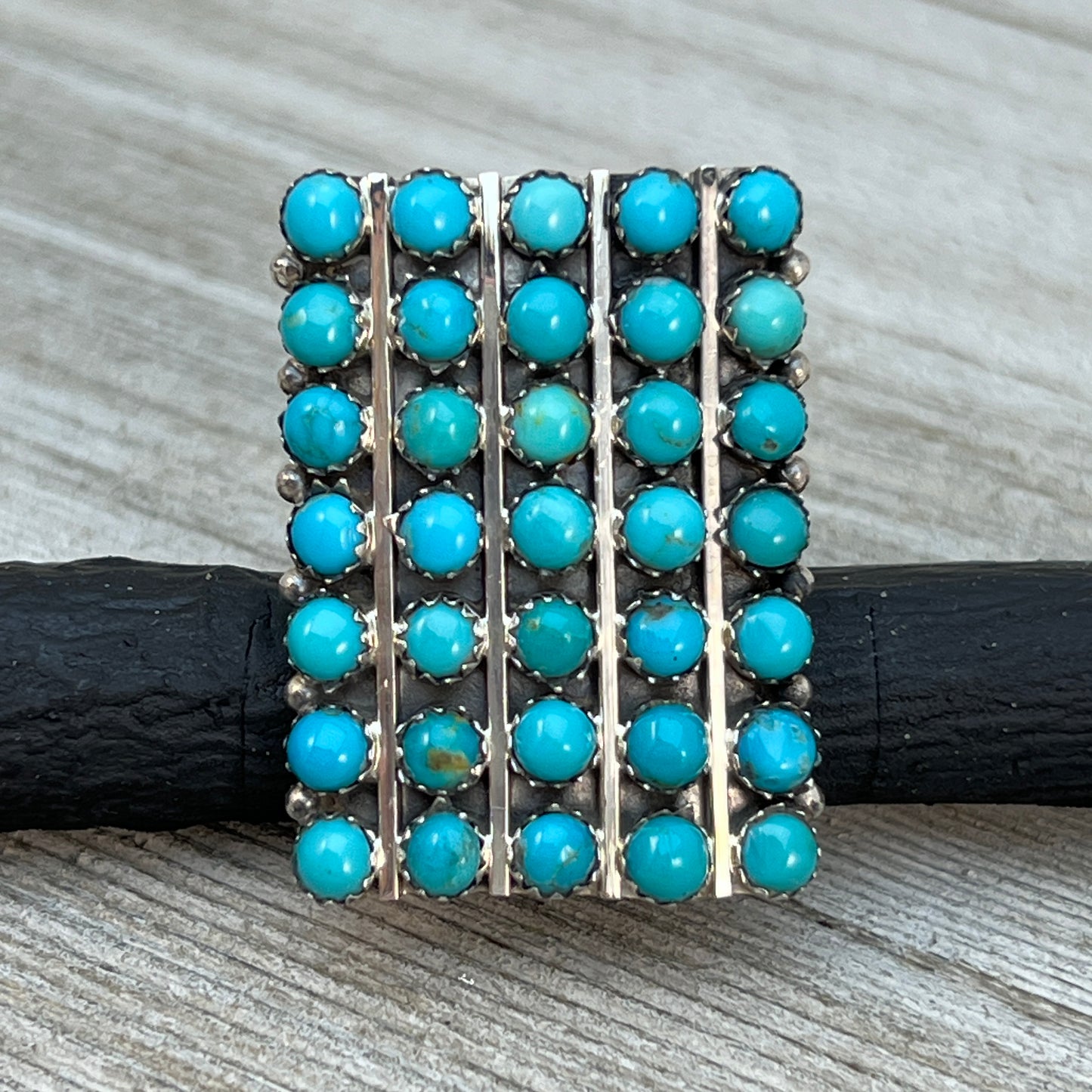Size 7.75 Turquoise Zuni Snake Eye Dot Row Ring Kenny Lonjose Sterling Silver