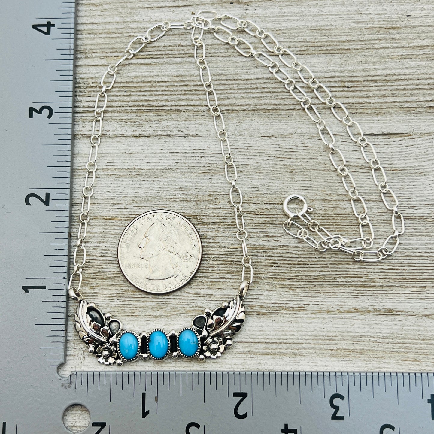 19" adjustable Blue Campitos 3 stone floral bar necklace Sterling Silver NK28