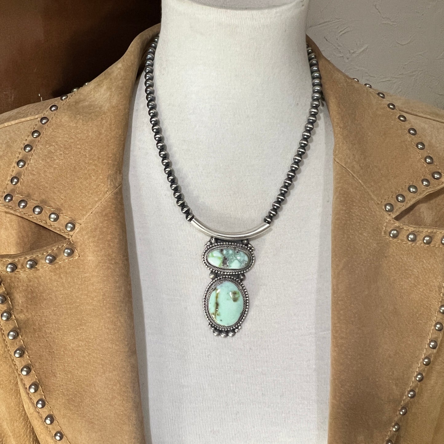 Palomino Variscite 18" necklace #4, 6mm Sterling silver oxidized beads, Southwest pearls, Navajo, TOM LEWIS