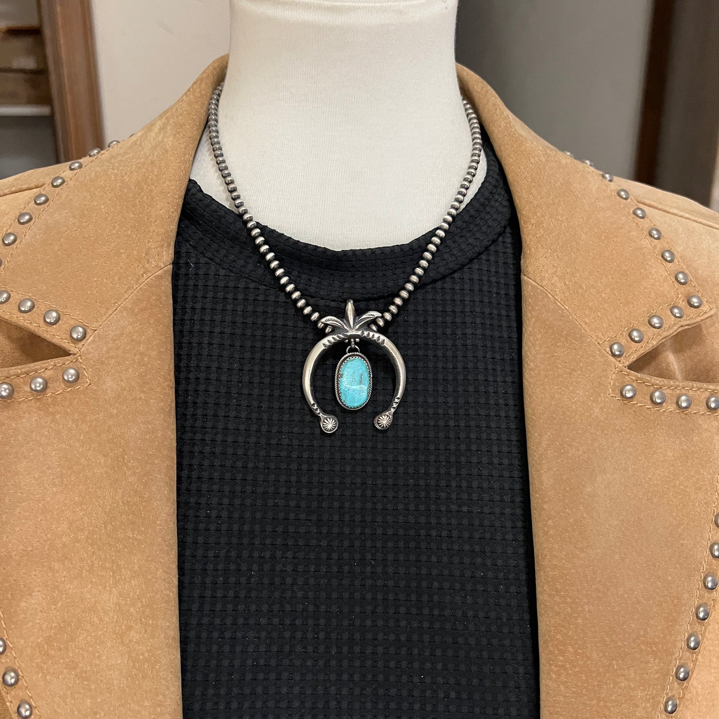 Kingman Turquoise Small naja Pendant, Tufa Cast, Navajo Sterling Silver Martha Cayatineto 1