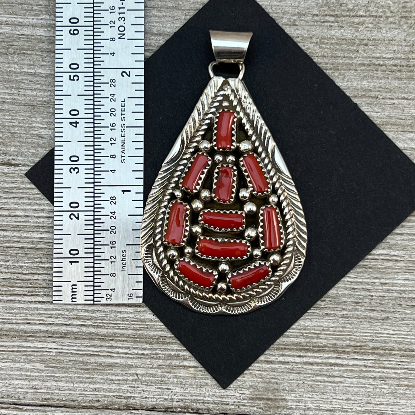 Mediterranean Red Coral Cluster Pendant Navajo handmade Marlene Jones Sterling Silver 2