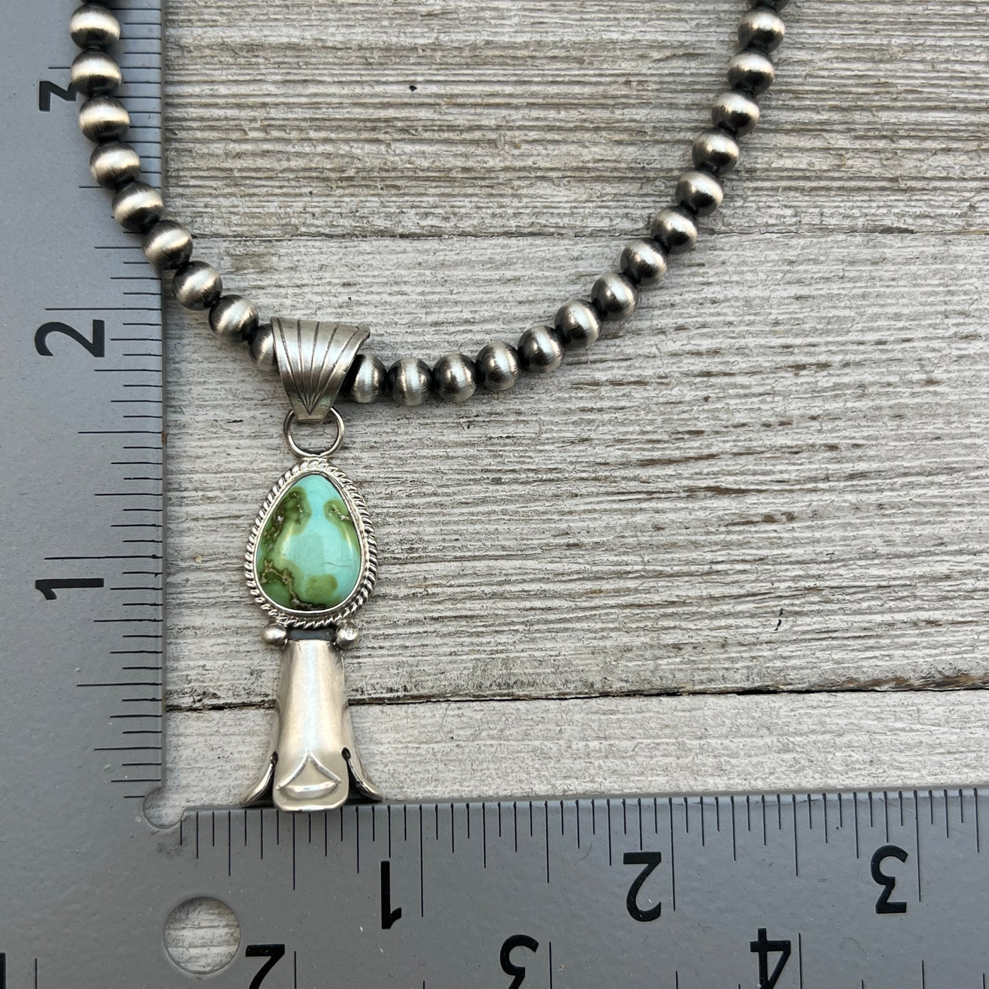 16" sterling silver Sonoran Gold Turquoise squash blossom necklace 5mm beads