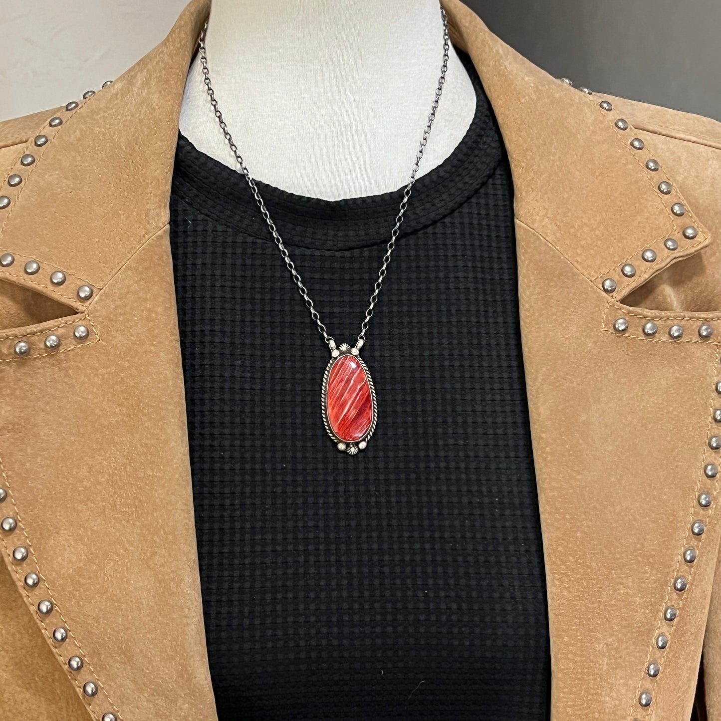 18" Red Spiny Oyster Shell Necklace Choker Sterling silver Navajo Irene Kee