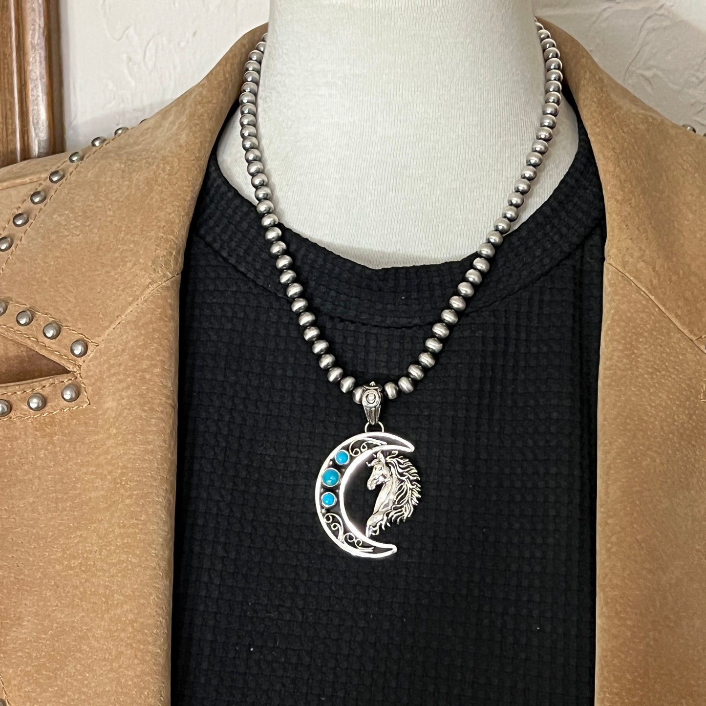 Blue turquoise horse moon pendant sterling silver Jennifer Cayaditto Navajo 819