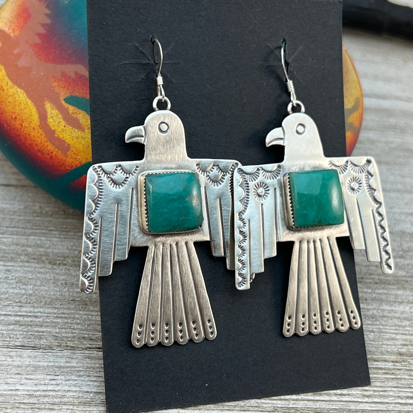 Navajo large Thunderbird dangle earrings sterling silver turquoise Jeremy Delgarito 401
