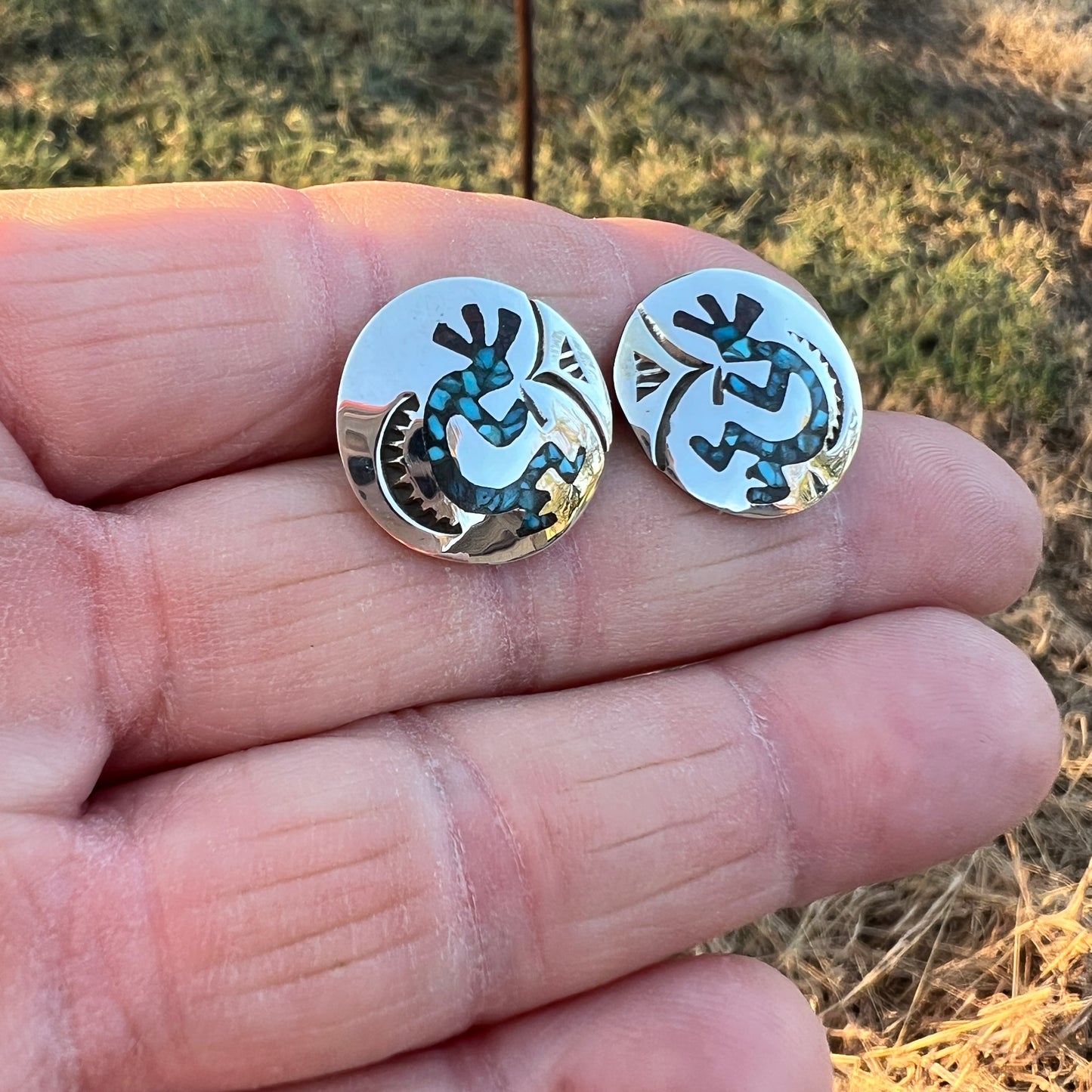 Turquoise Chip inlay Kokopelli small concho earrings Sterling silver Sally Shurley