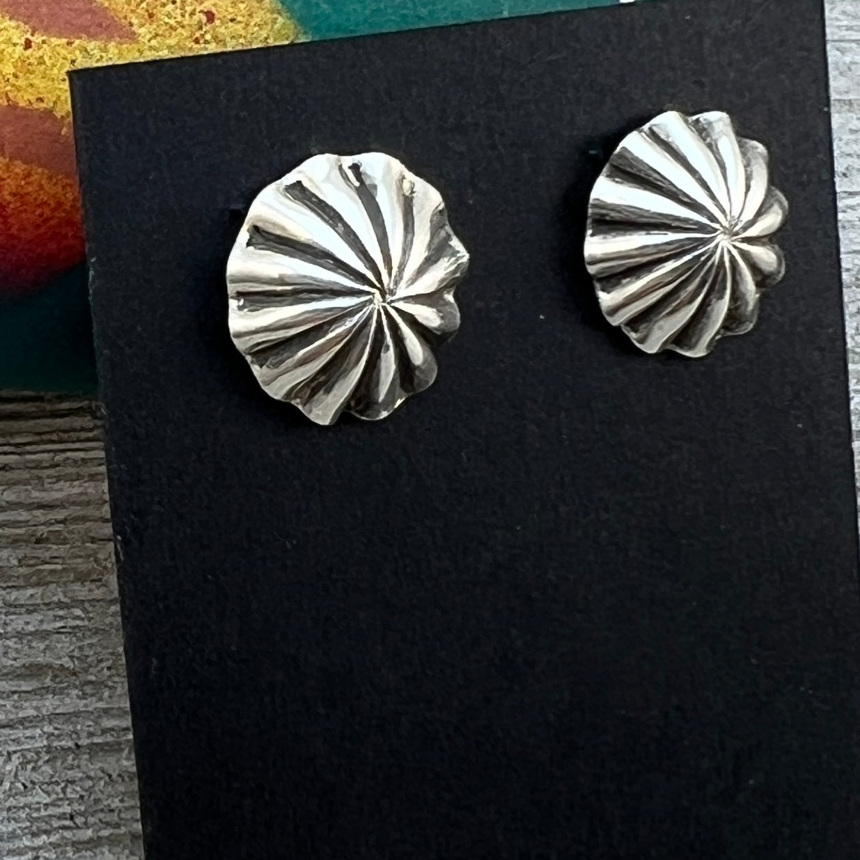 Lightweight small Corrugated hand stamped concho earrings Sterling silver Sally Shurley