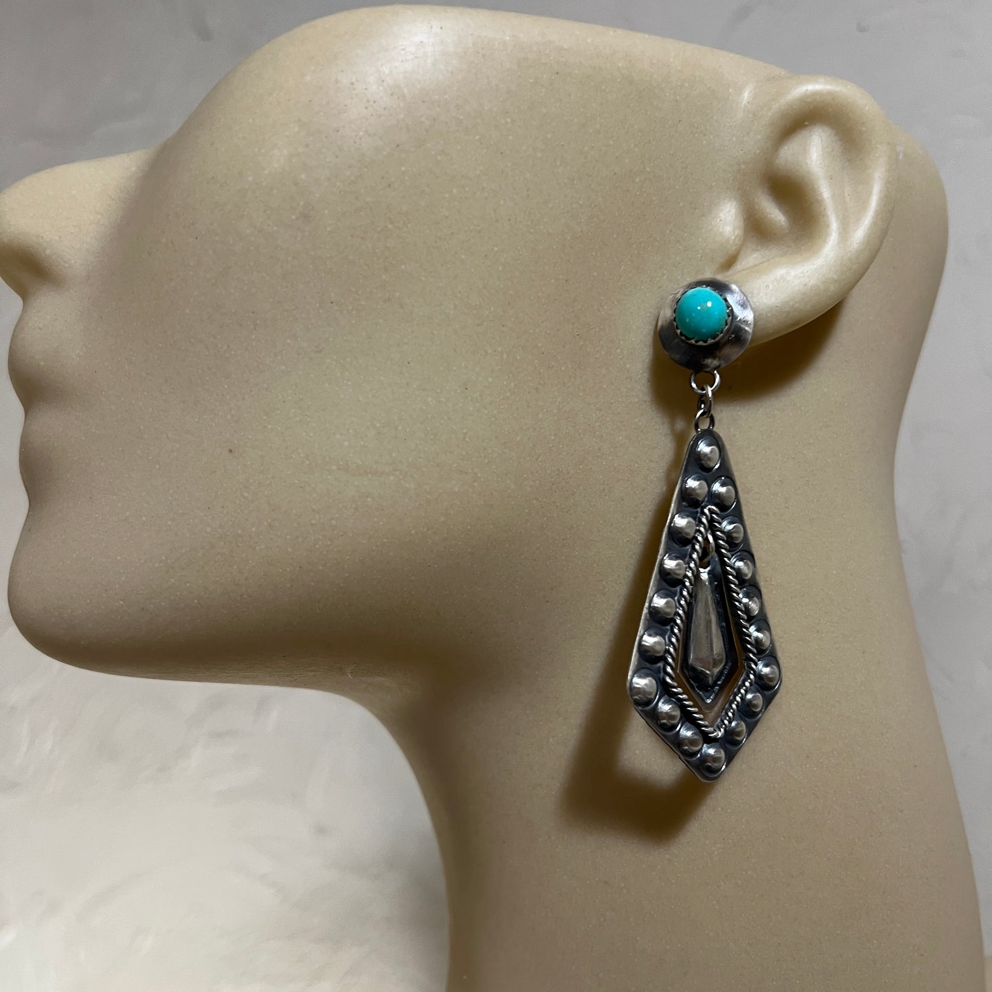 Long Sterling silver Turquoise Hand stamped dangle earrings, Navajo Gabrielle Yazzie 4