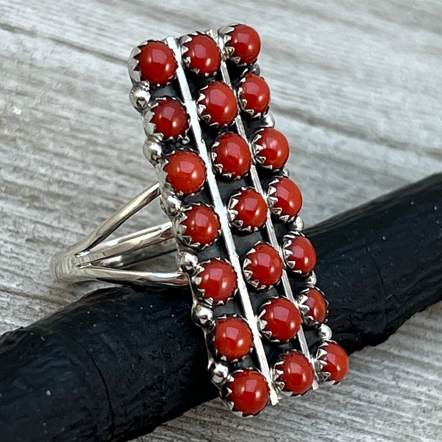 Size 10 Red Mediterranean Coral Zuni Snake Eye Dot Row Ring Kenny Lonjose Sterling Silver