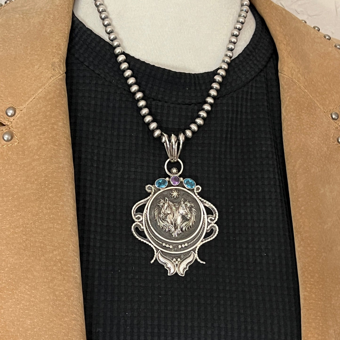 Large horse pendant sterling silver Blue Topaz Amethyst Irvin Tsosie Navajo 824