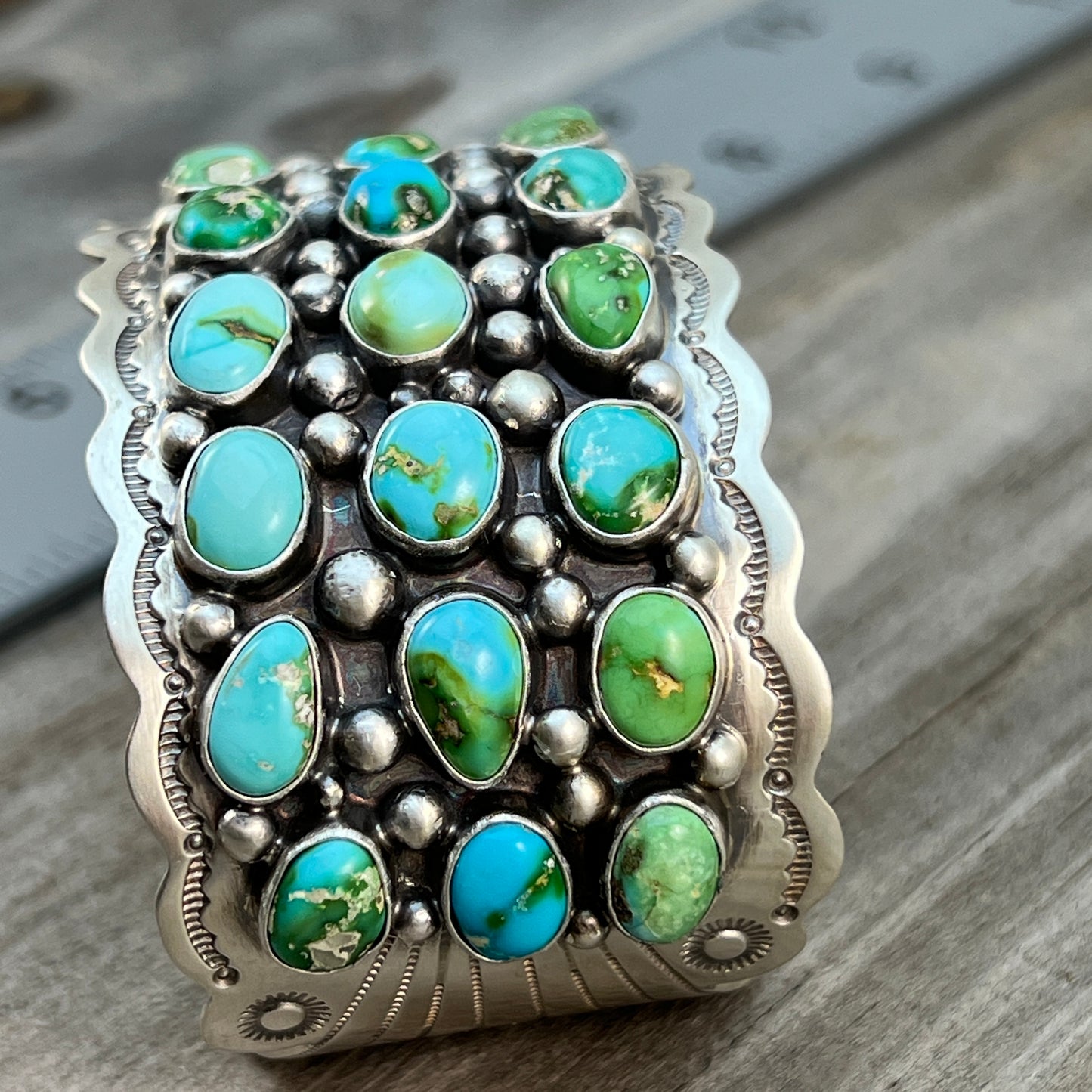 6 3/4" Green Blue Sonoran Turquoise Cuff Bracelet Sterling Silver Tom Lewis 511