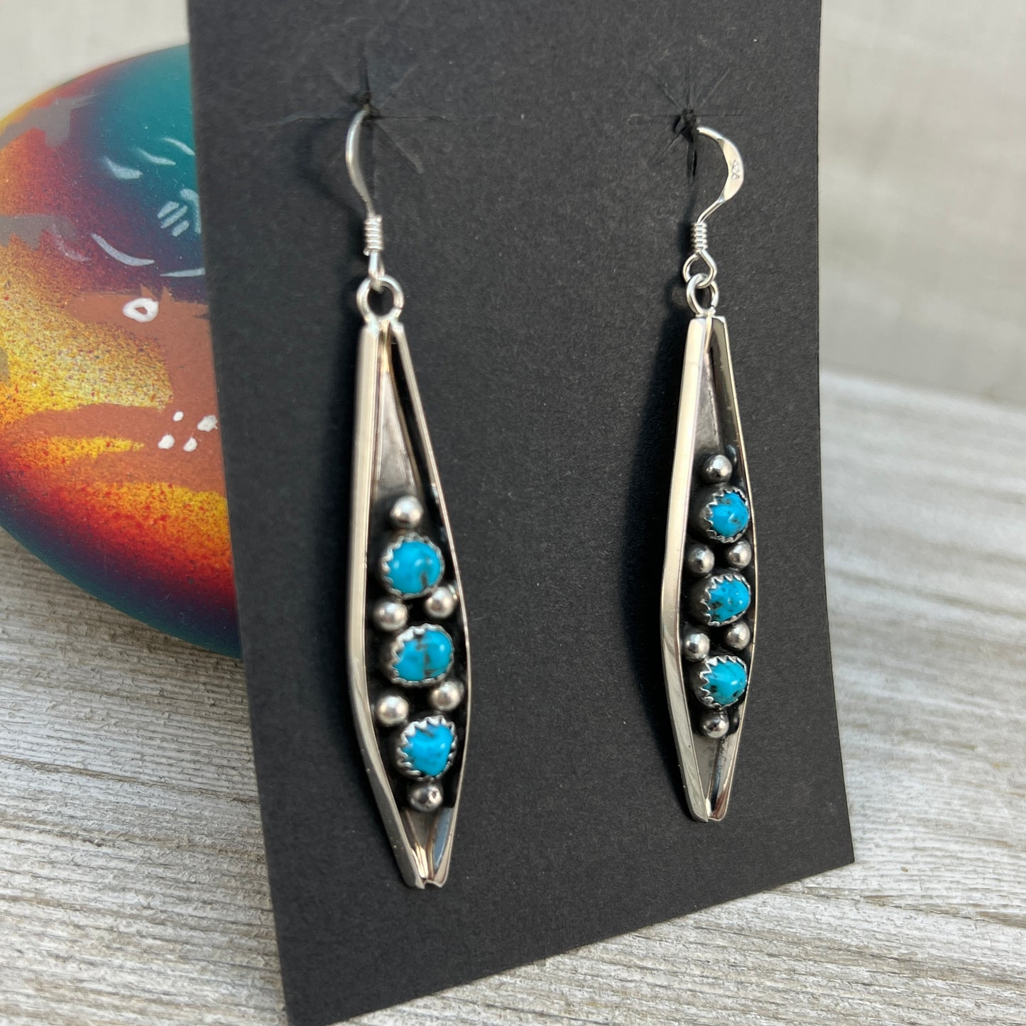 7/8" Blue Turquoise Earrings Navajo handmade by Paul Largo sterling silver 3