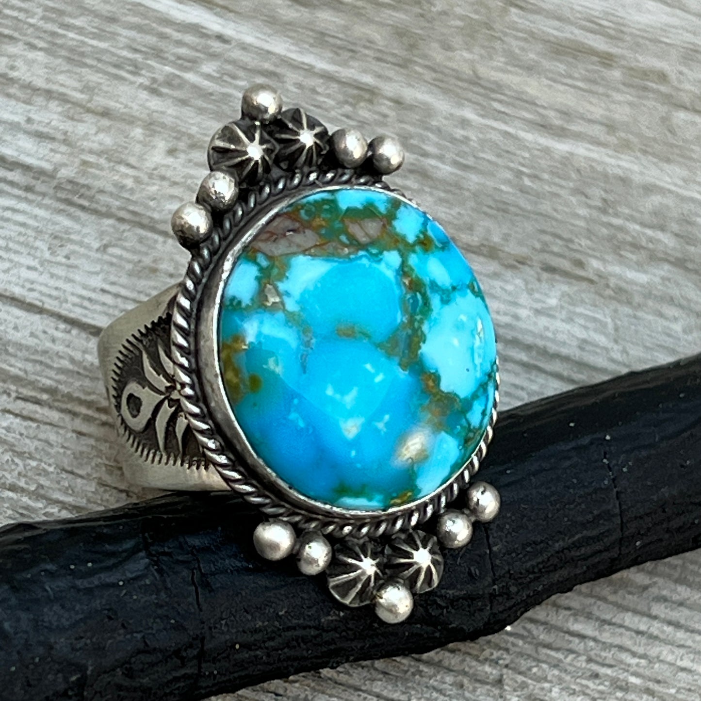 Size 8 Spiderweb Kingman Turquoise Ring Navajo handmade Samuel Yellowhair