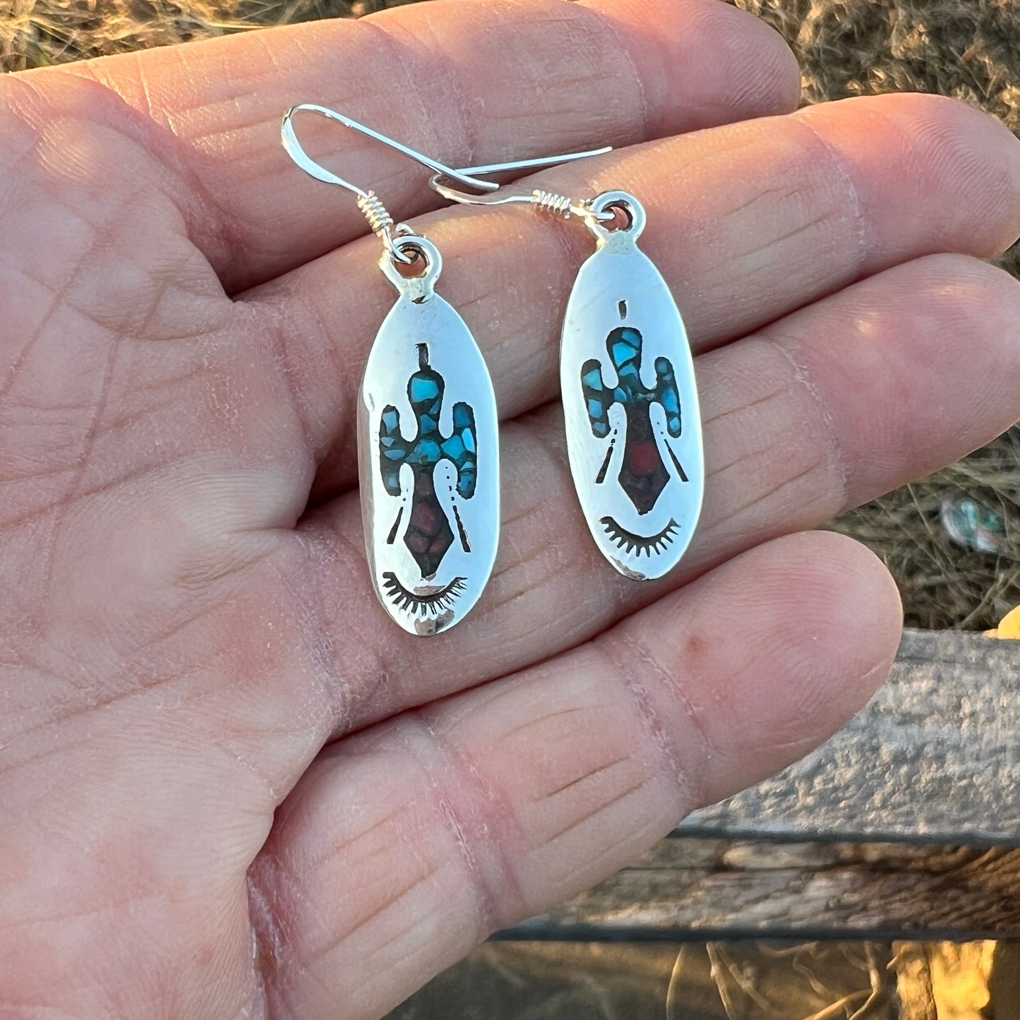 Turquoise Chip inlay Peyote bird small lightweight dangle earrings Sterling silver Sally Shurley