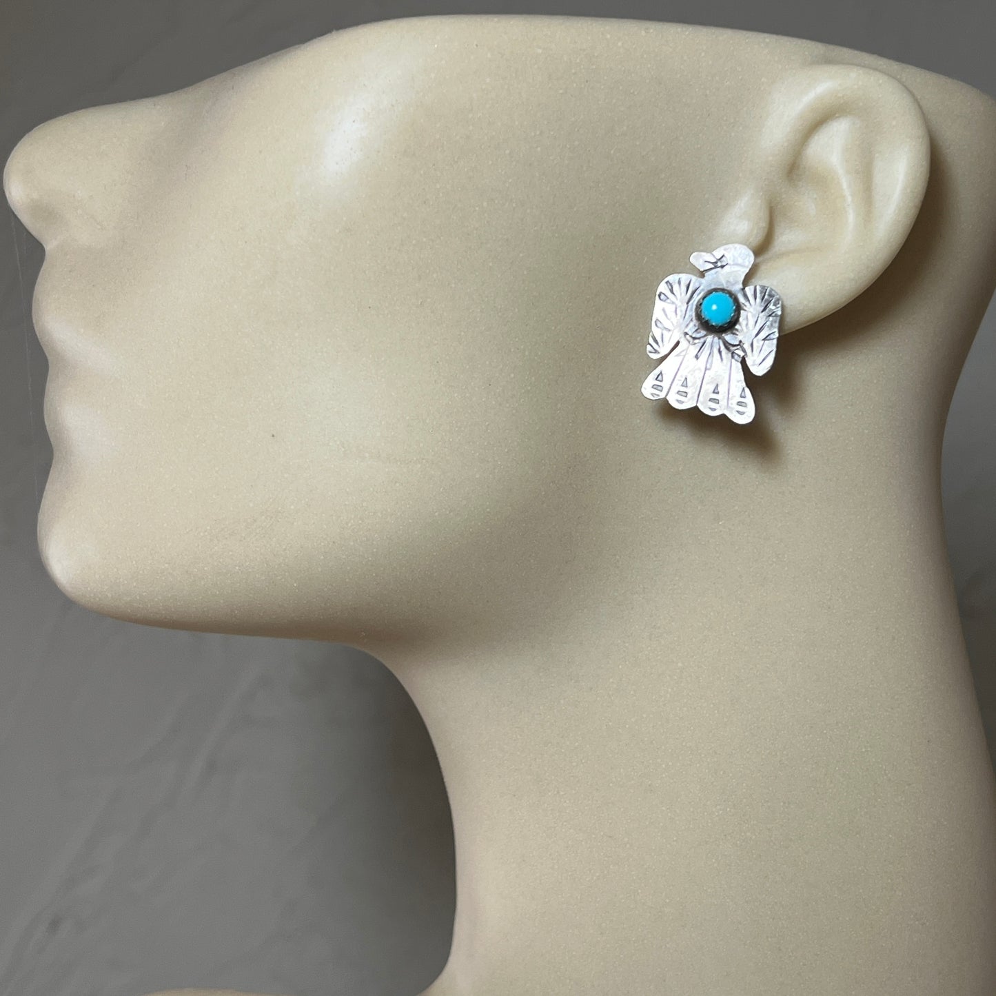 Turquoise thunderbird stud earrings oxidized Sterling silver Navajo Tim Yazzie 707