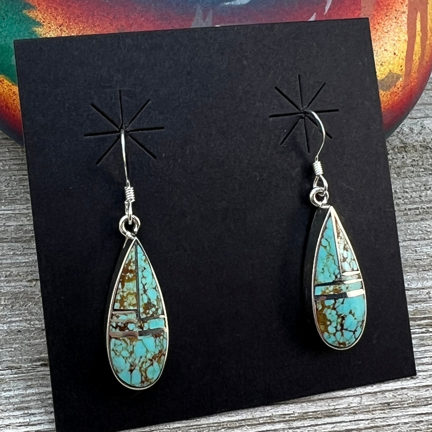 Inlay teardrop dangle earrings Turquoise Navajo handmade James Manygoats