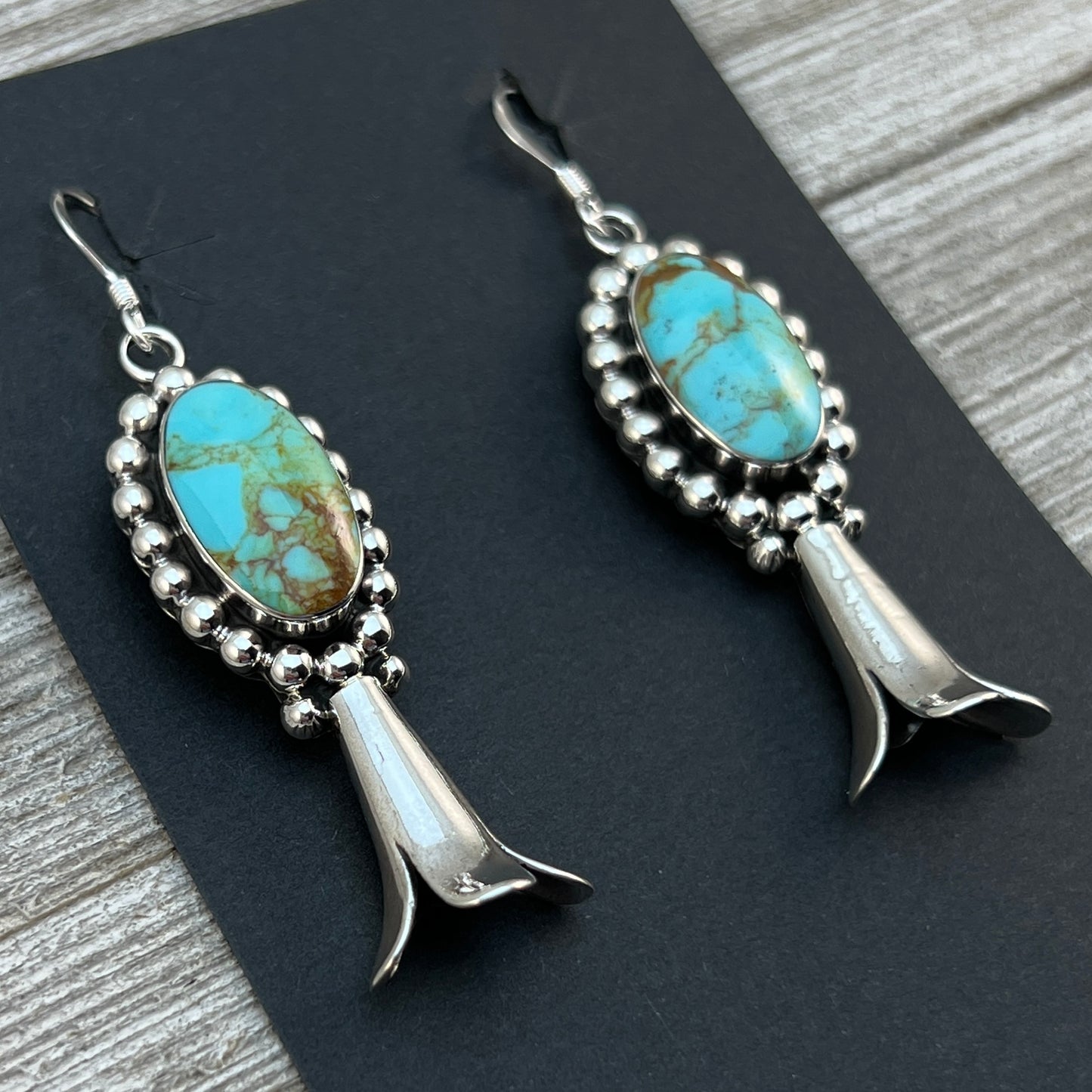 Blue Kingman Turquoise squash blossom earrings sterling silver Navajo Charlene Yazzie 458