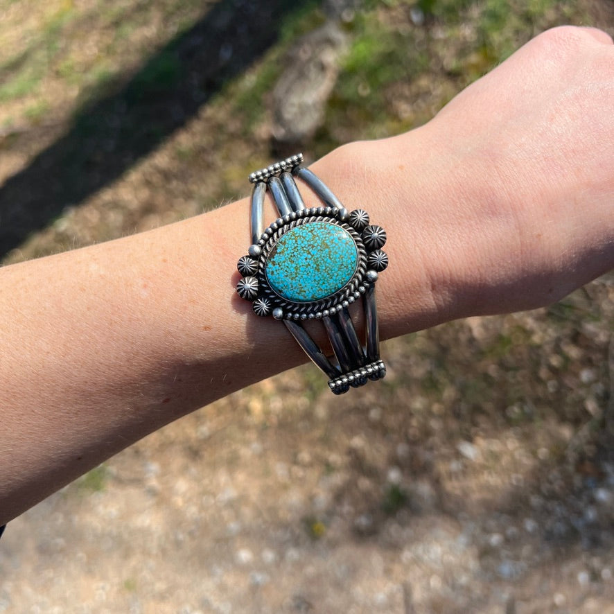 7" Kingman Spiderweb Turquoise Sterling Silver Cuff Bracelet, Michael Calladitto, Navajo Artist Handmade signed