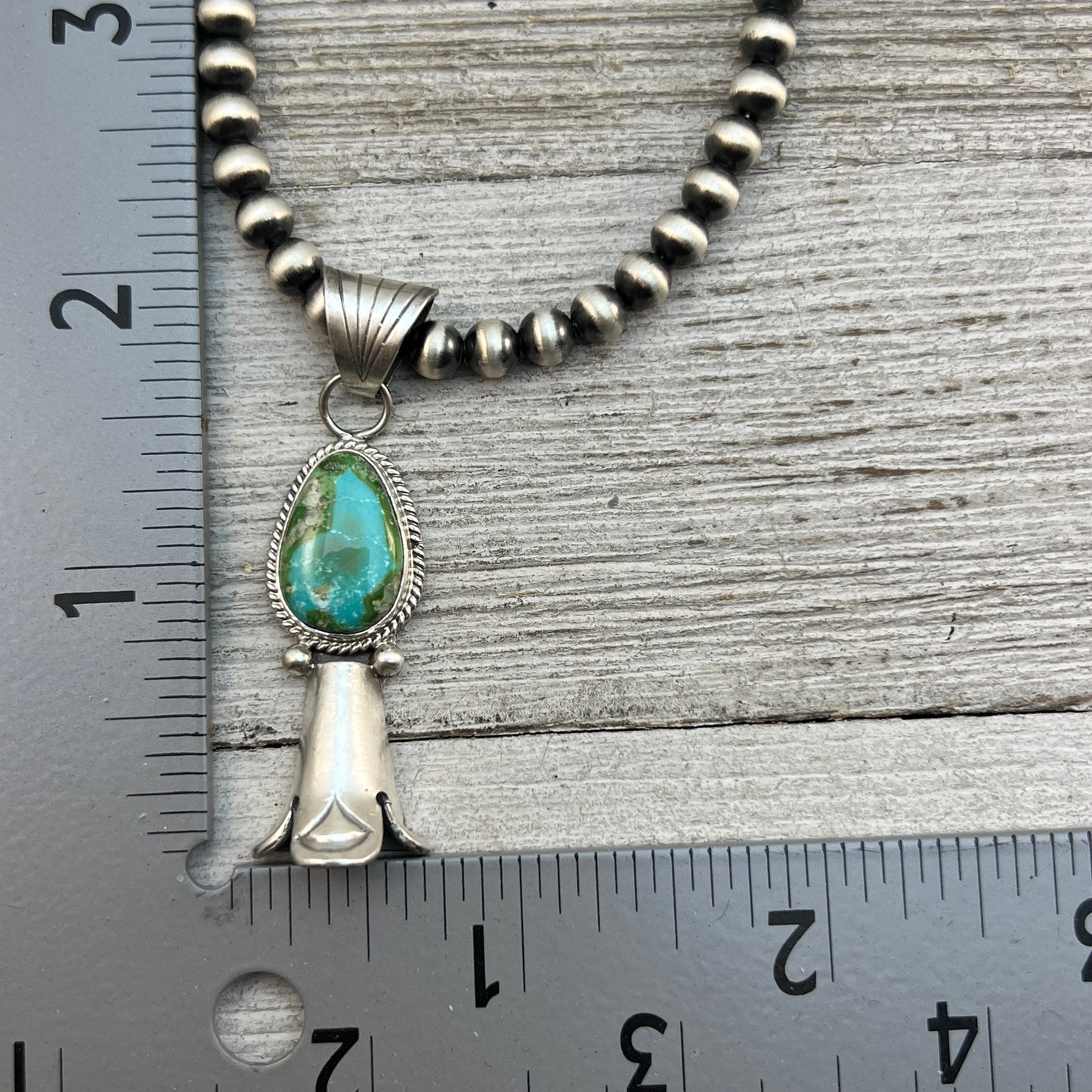 16" sterling silver Sonoran Gold Turquoise squash blossom necklace 5mm beads