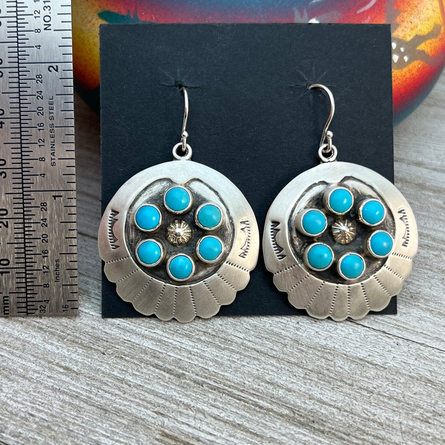 Dangle Concho cluster earrings sterling silver turquoise Kenny Lonjose signed 1