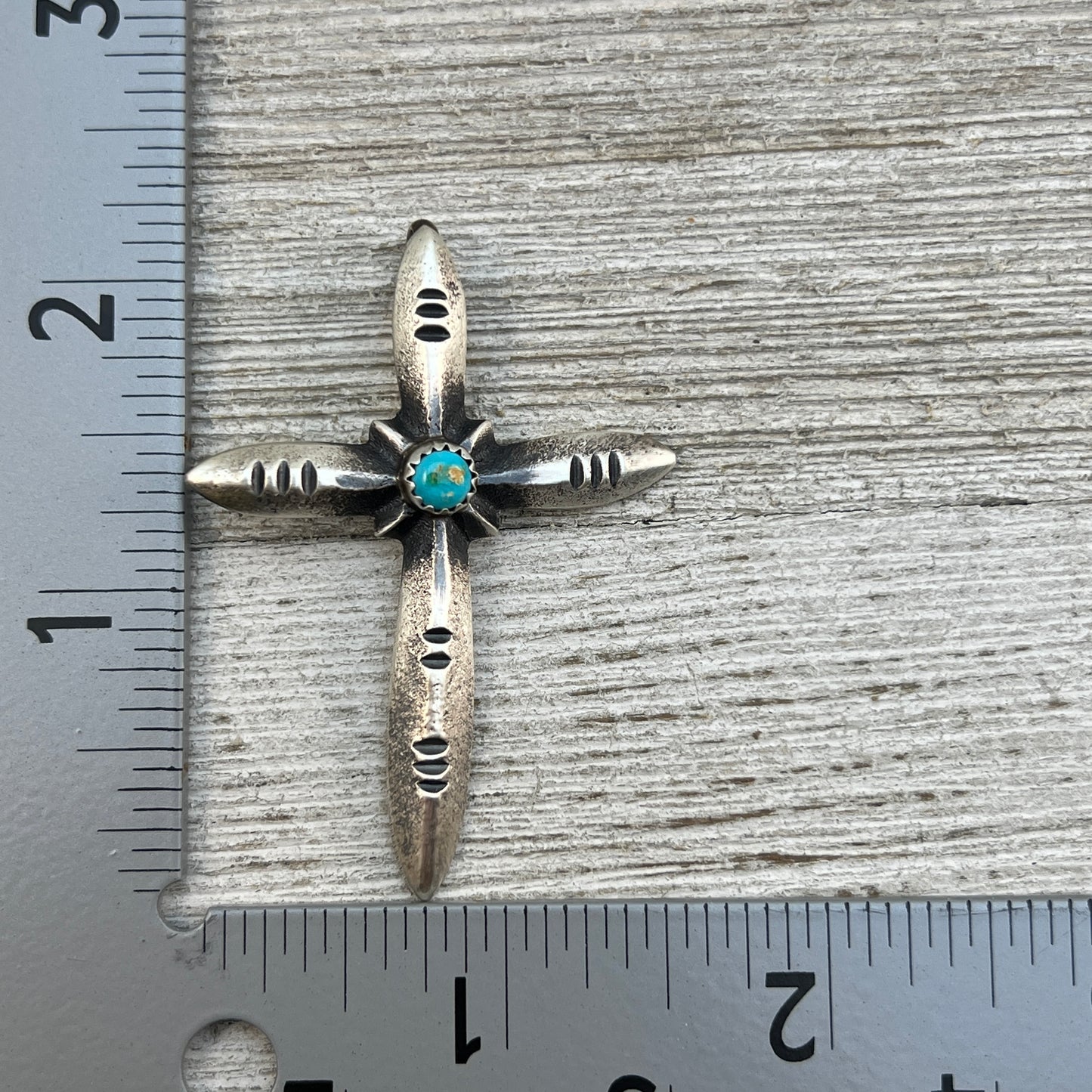 Narrow Turquoise Cross Pendant Sterling Silver Navajo handmade Martha Cayatineto