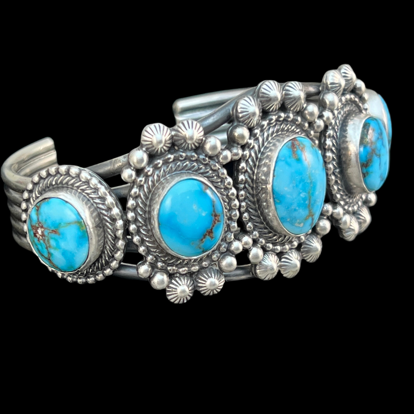 Blue Kingman turquoise cuff bracelet Navajo handmade signed, Tom Lewis sterling silver