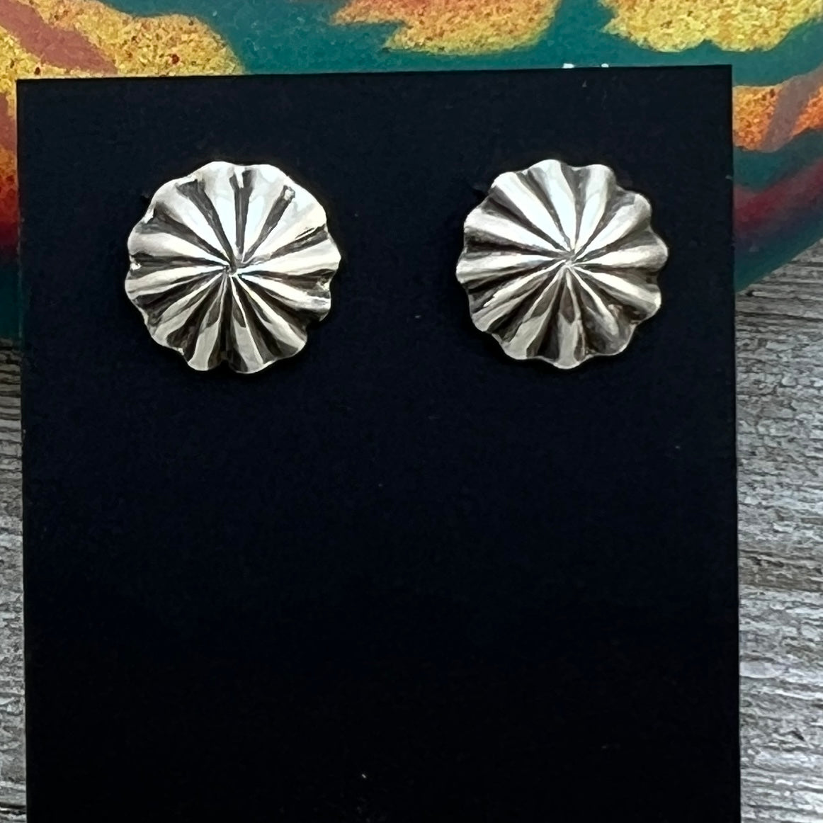 Lightweight small Corrugated hand stamped concho earrings Sterling silver Sally Shurley