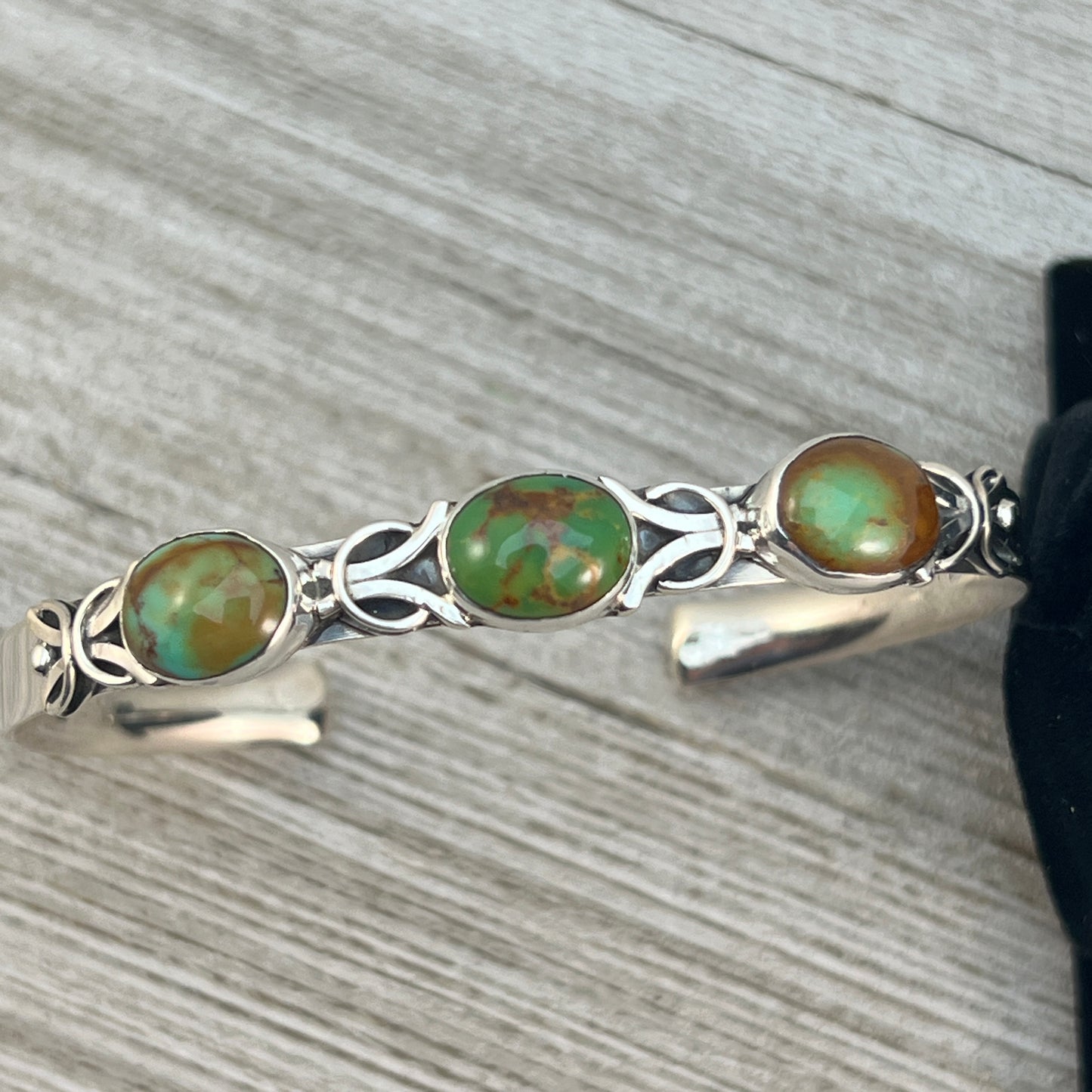 6 1/2" - 7" Kingman Turquoise narrow stacker cuff bracelet #3, Navajo handmade Thomas Yazzie, sterling silver artist signed