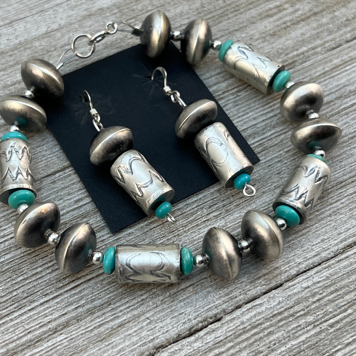 Handmade Navajo Pearls, beads bracelet earring set sterling silver Sharon Cooley
