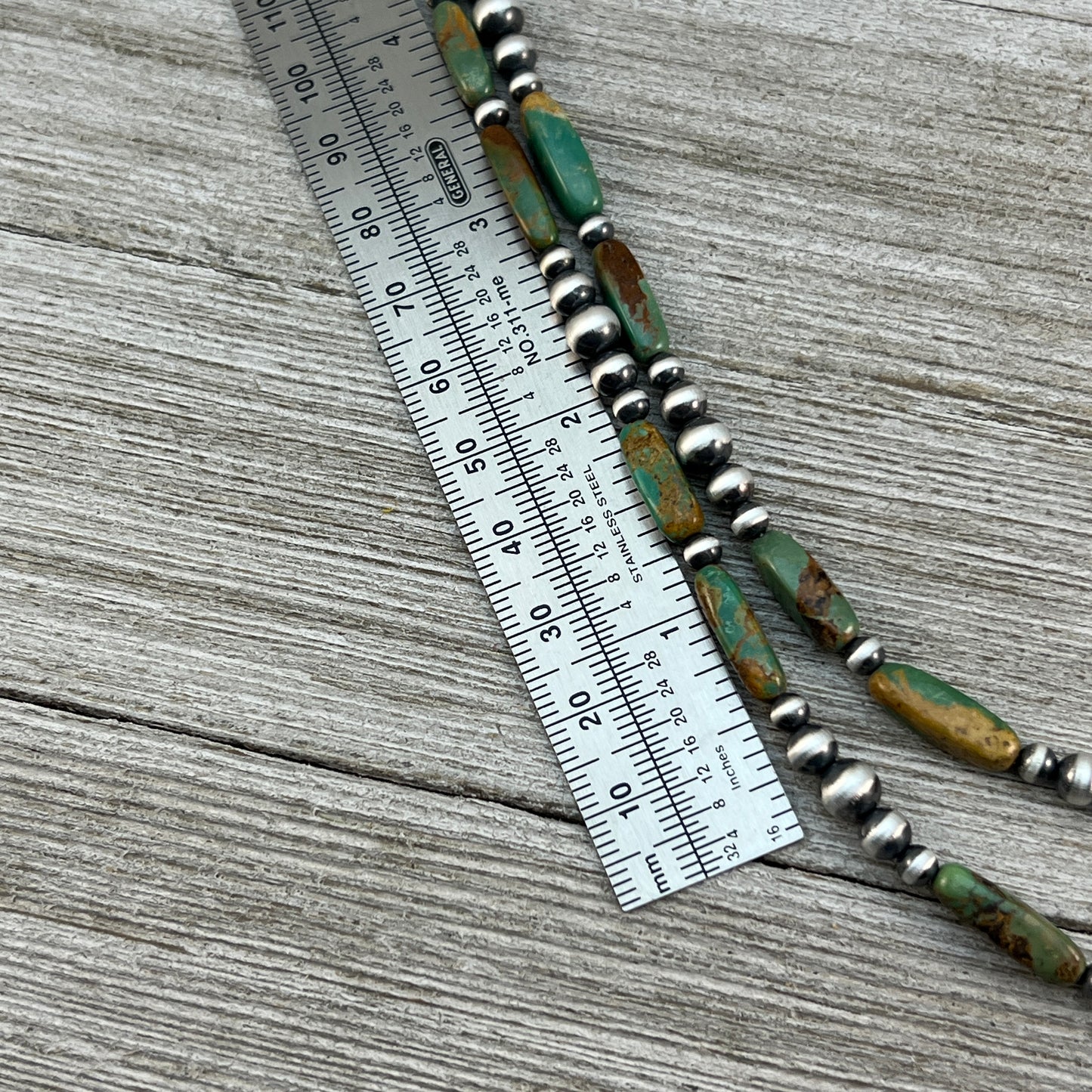 Royston Turquoise Bead Necklace oxidized Sterling Silver 36" long Boho Jewelry