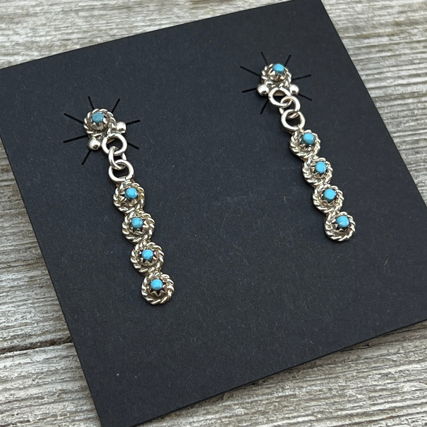 Zuni Turquoise Snake Eye Tiny Dot bar dangle earrings sterling silver Bernadette Nakatewa