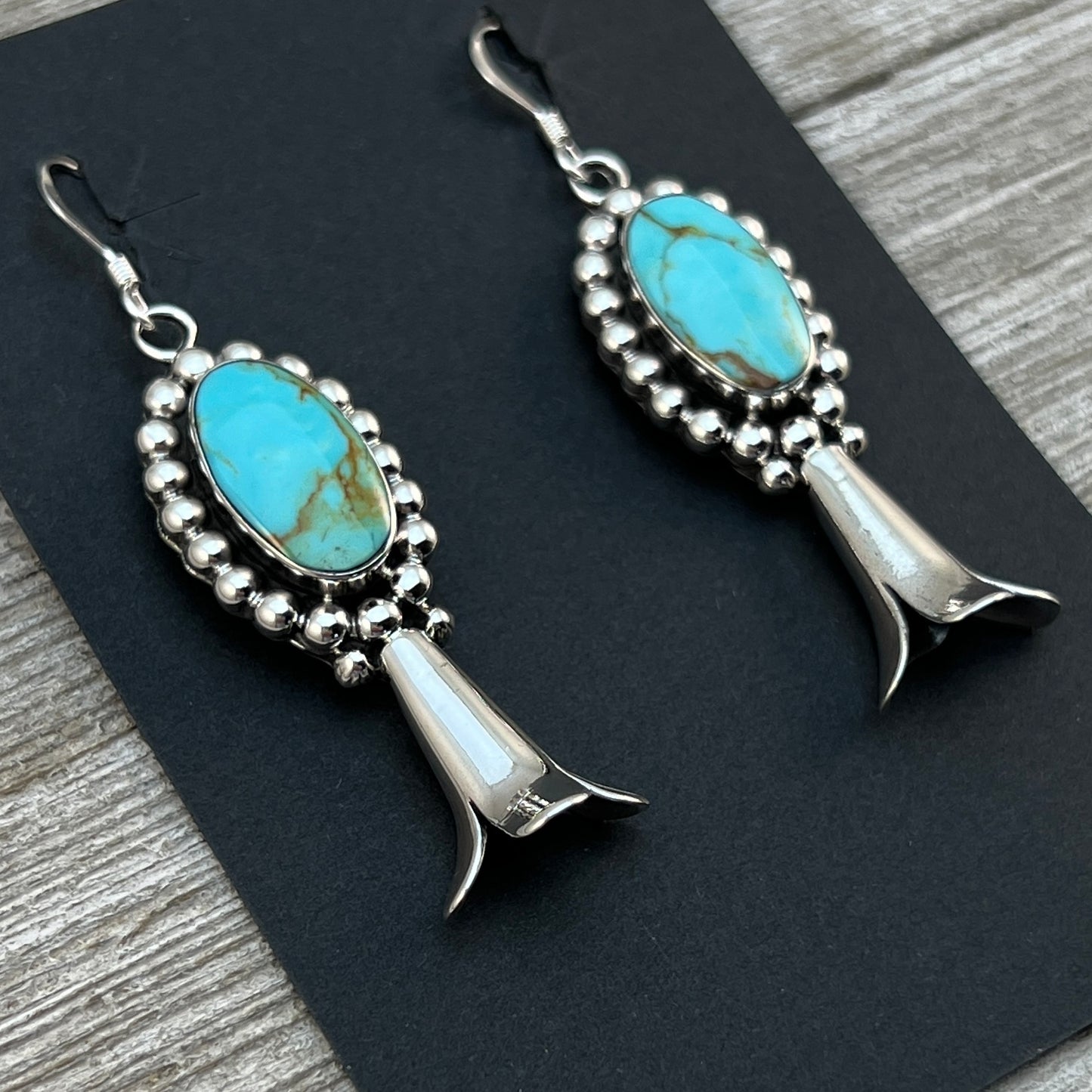 Blue Kingman Turquoise squash blossom earrings sterling silver Navajo Charlene Yazzie 459
