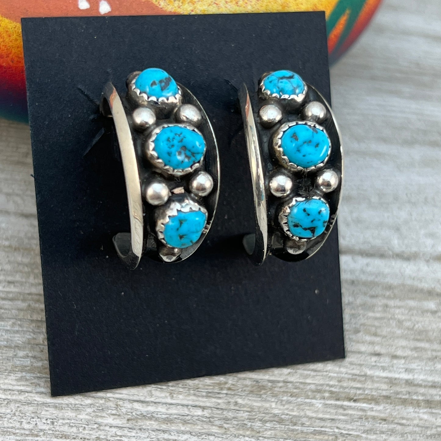 7/8" Turquoise Hoop Earrings Navajo handmade by Paul Largo sterling silver 2