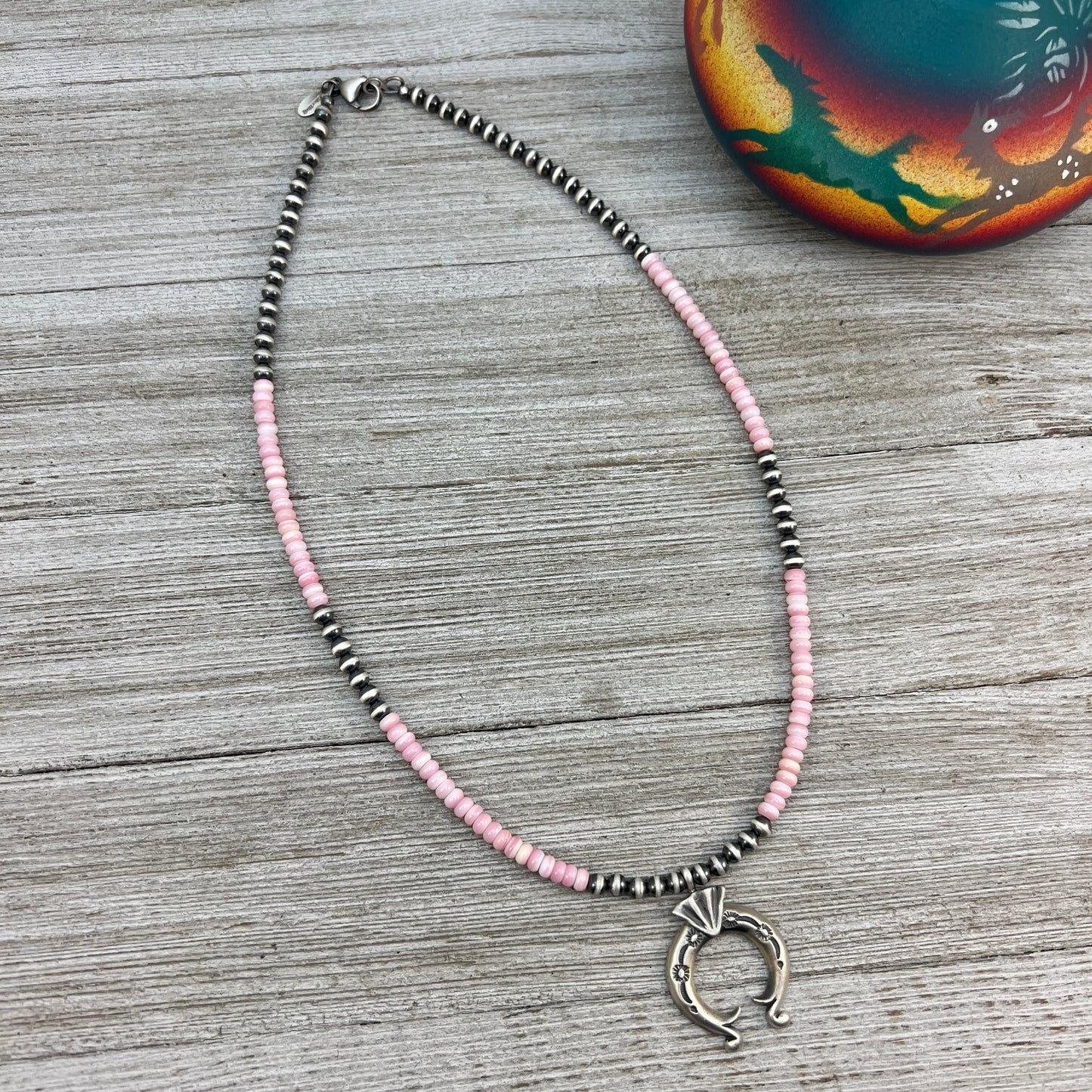 18”, 4mm Pink Conch Shell beads Naja pendant necklace sterling silver Southwest Pearls