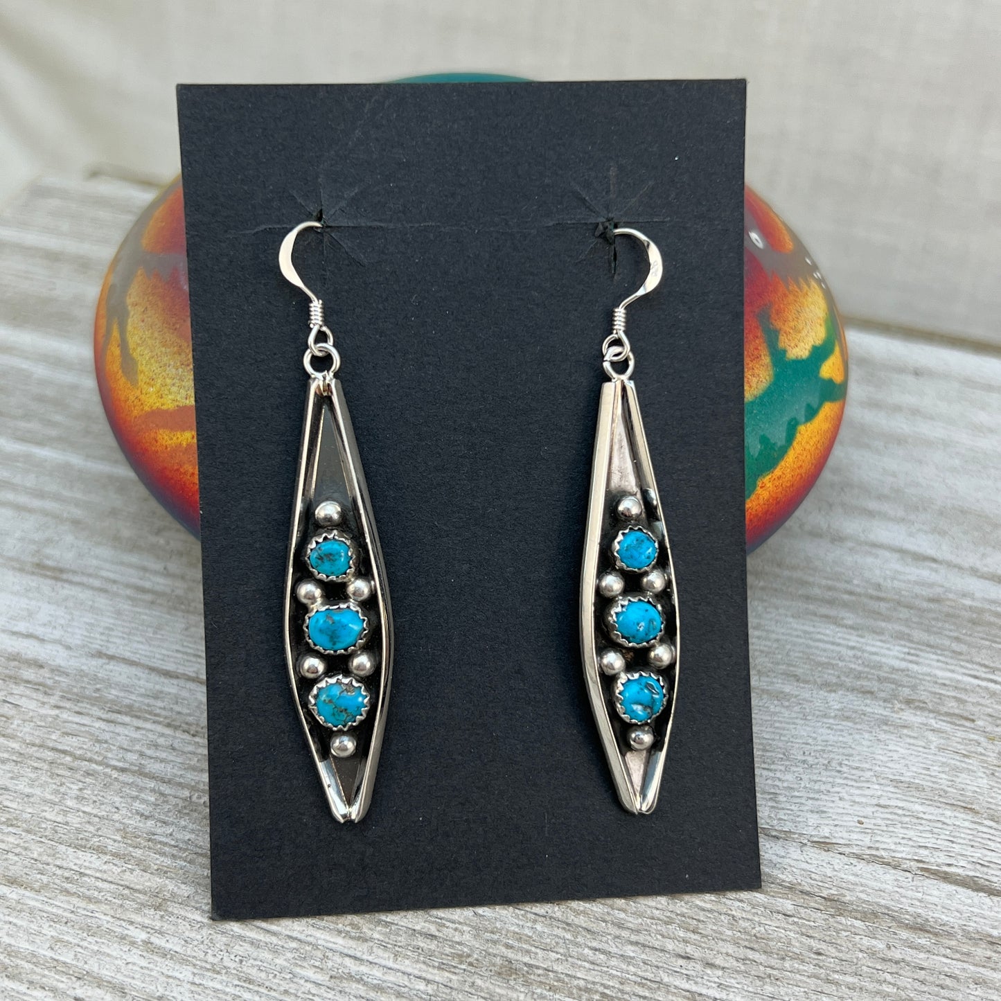 7/8" Blue Turquoise Earrings Navajo handmade by Paul Largo sterling silver 1